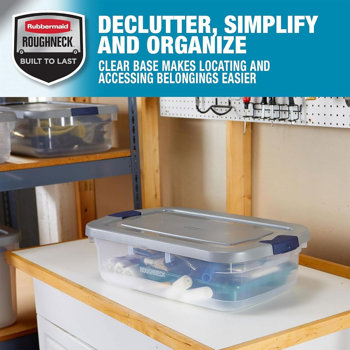 Rubbermaid Roughneck Clear 31 Qt/ 7.75 Gal Storage Containers, Pack of 6 with Snap-Fit Grey Lids