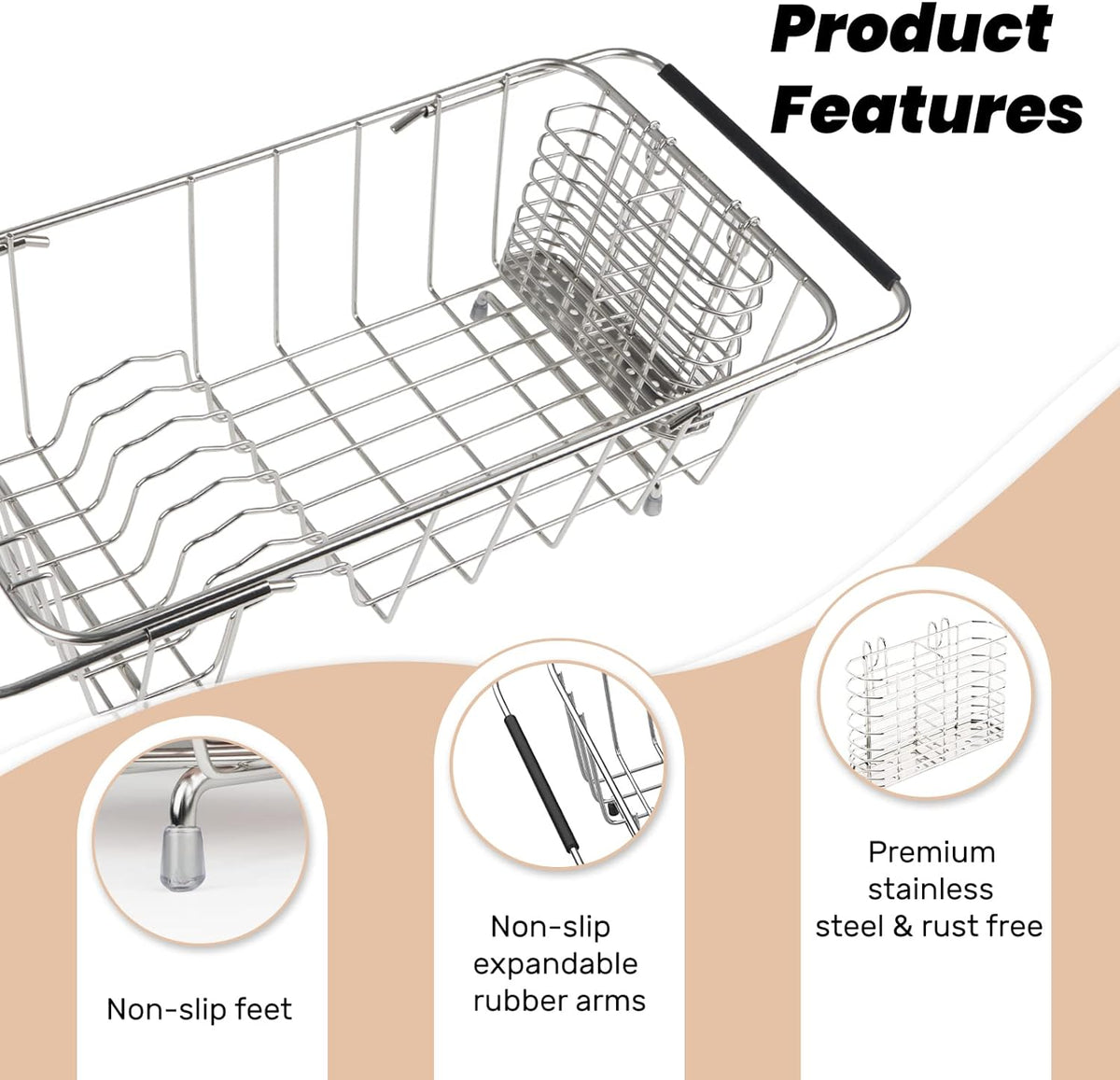 Sink Dish Drainer Rack, Expandable 304 Stainless Steel Dish Drying Rack Organizer with Stainless