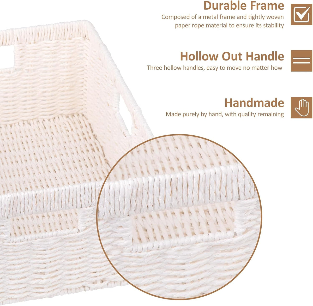 OIAHOMY Wicker Basket, Paper Shelf Basket with Built-in Handles, Rectangular Wicker Storage Bin for