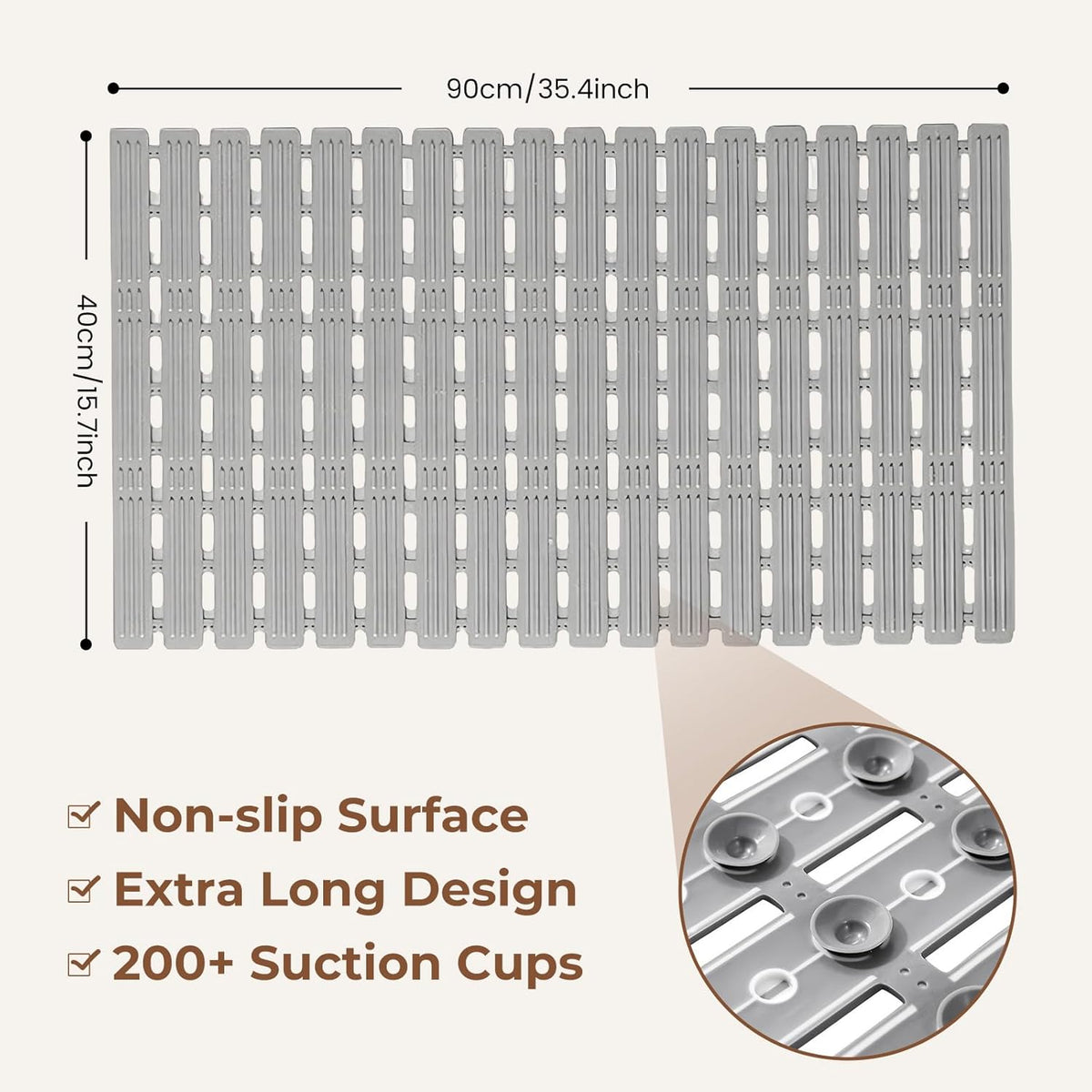 Bathtub Mat Non Slip for Bathroom with Suction Cups and Drain Holes 35.4 * 15.7 Inch Shower Mat for