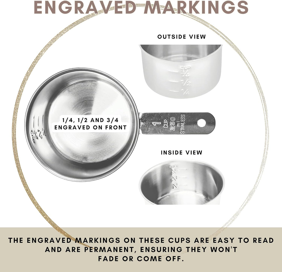 1 Cup Stainless Steel Measuring Cup | Sturdy Metal 250 ml | 240 cc | 8 oz | Single Cup for Wet and