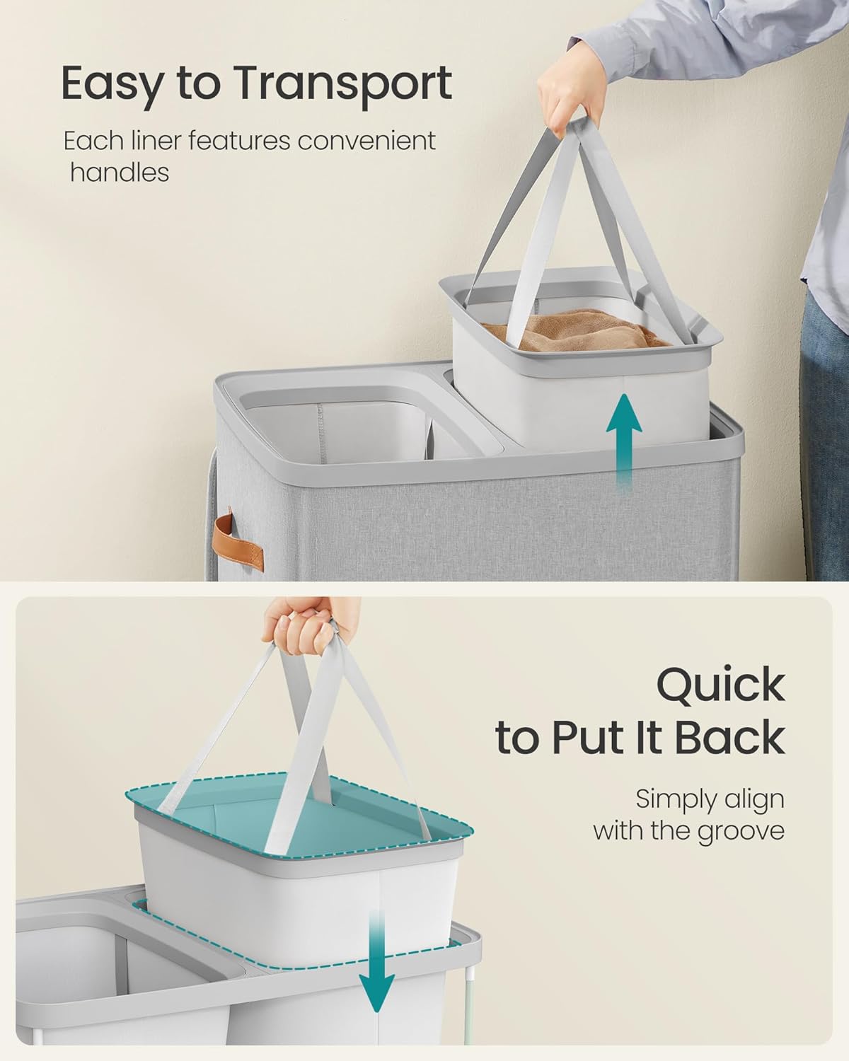 SONGMICS Laundry Basket, 44.9 Gal. Laundry Hamper, 2 Compartments, Easy Assembly, with Lid and