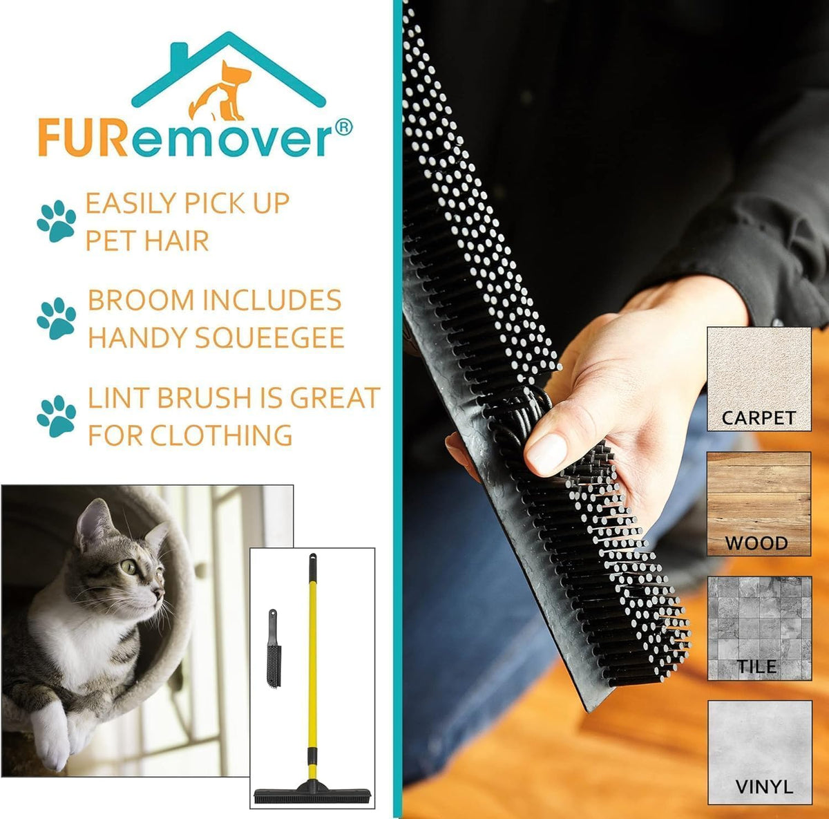 FURemover Original Pet Hair Rubber Broom with Squeegee, with 58” Telescopic Handle for Carpet, Tile