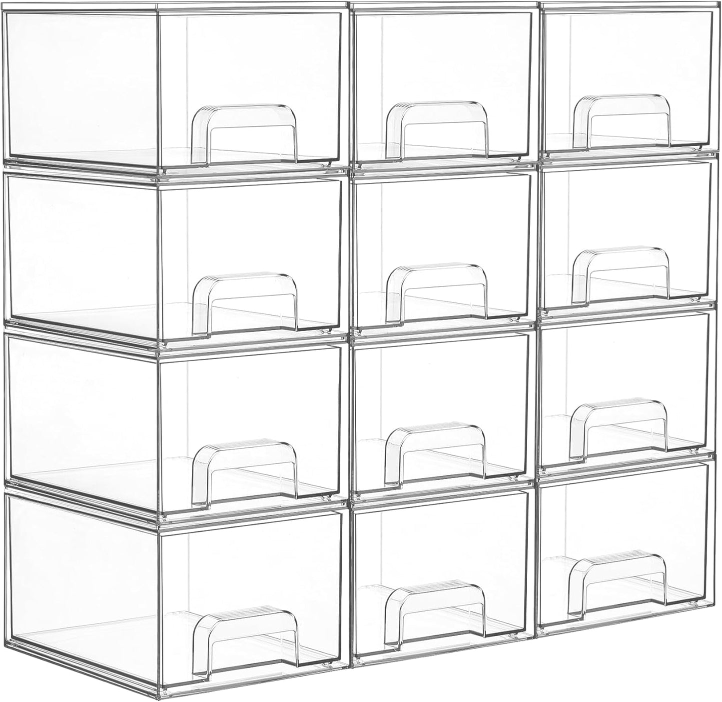 Vtopmart 12 Pack Clear Small Stackable Storage Drawers,Acrylic Bathroom Makeup Organizer,Plastic