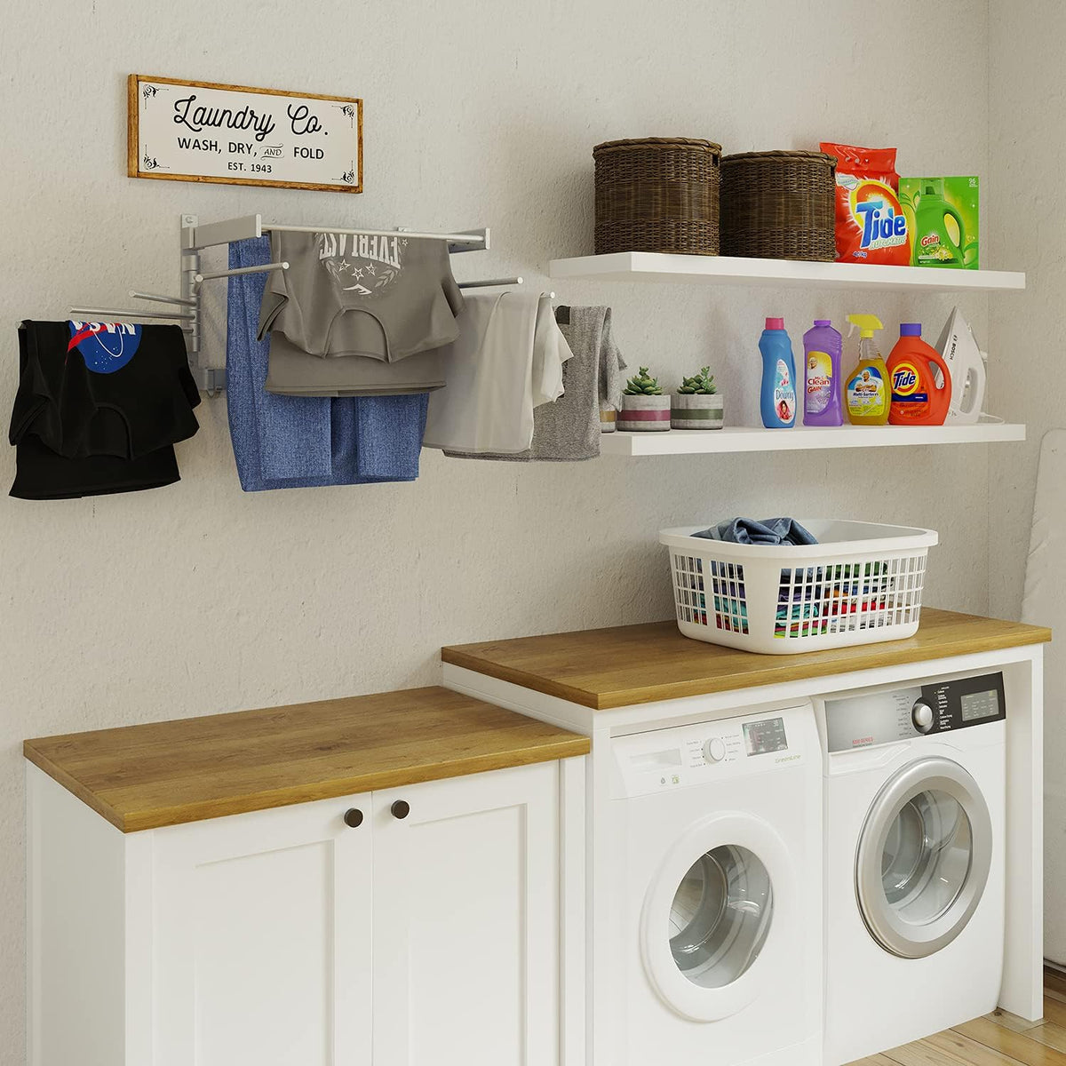 brightmaison BGT Wash Clothes Drying Rack Wall Mount Laundry Room Organizer with Hooks & Swing
