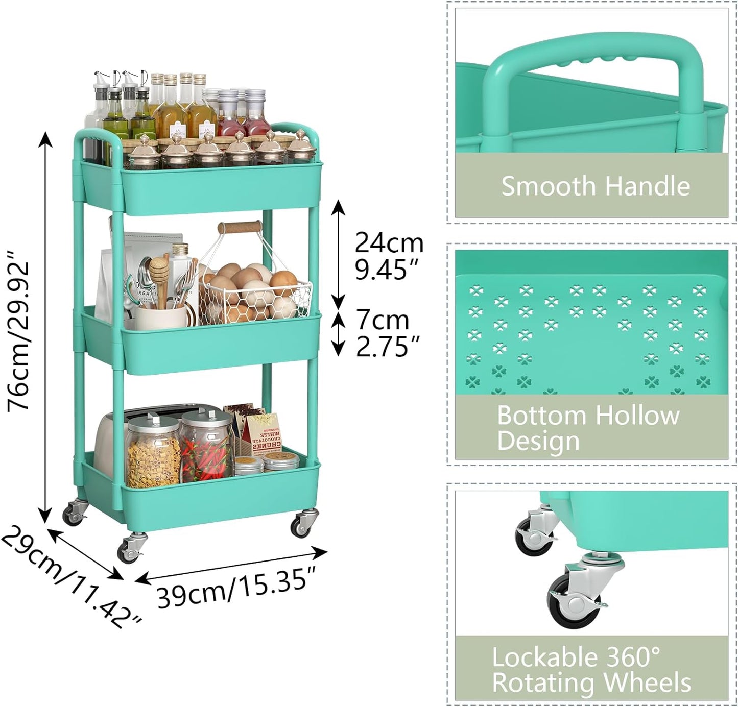 Sywhitta 3-Tier Plastic Rolling Utility Cart with Handle, Multi-Functional Storage Trolley for
