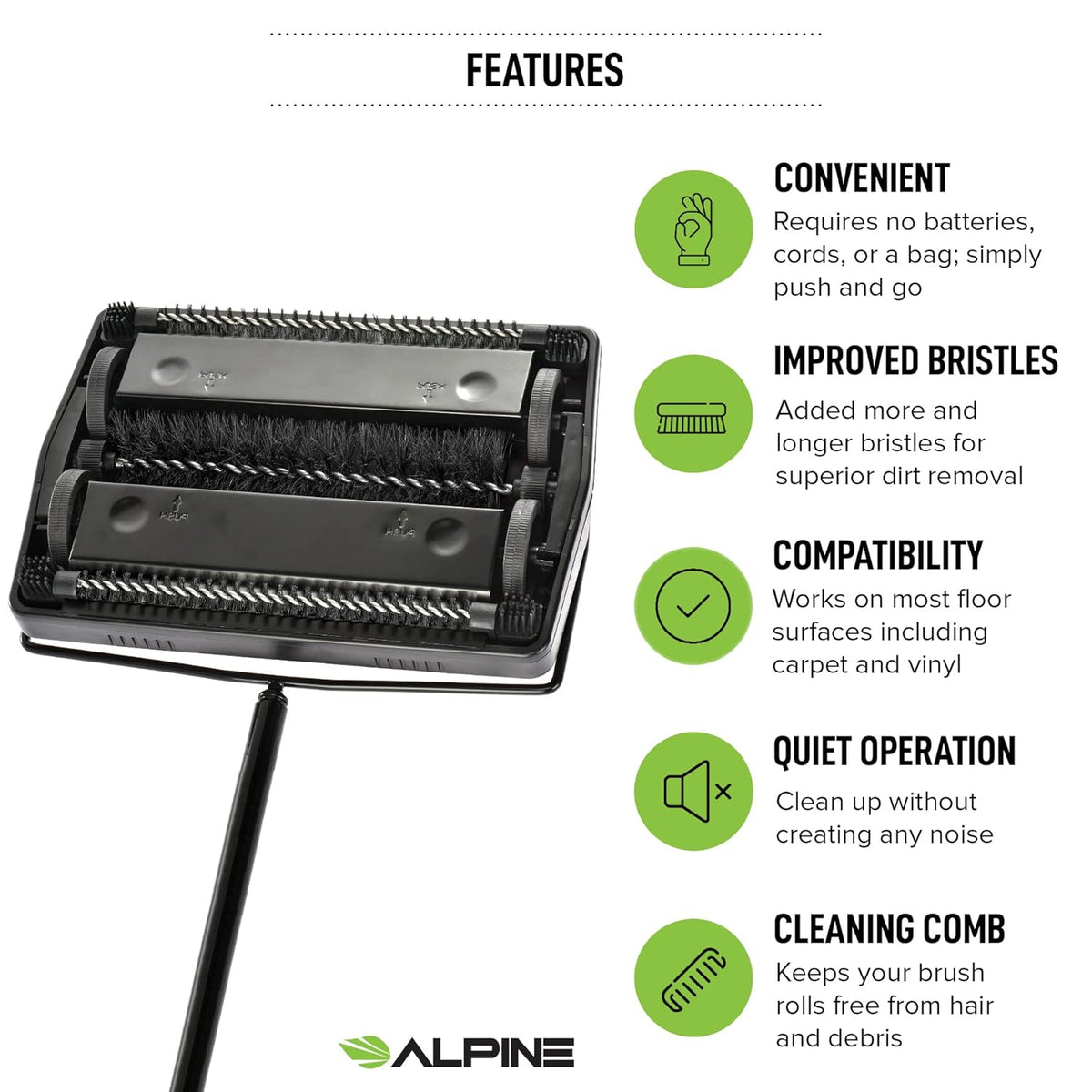 Alpine Manual Carpet Sweeper Triple Brush – Cordless Non Electric Multi-Surface Floor Brush
