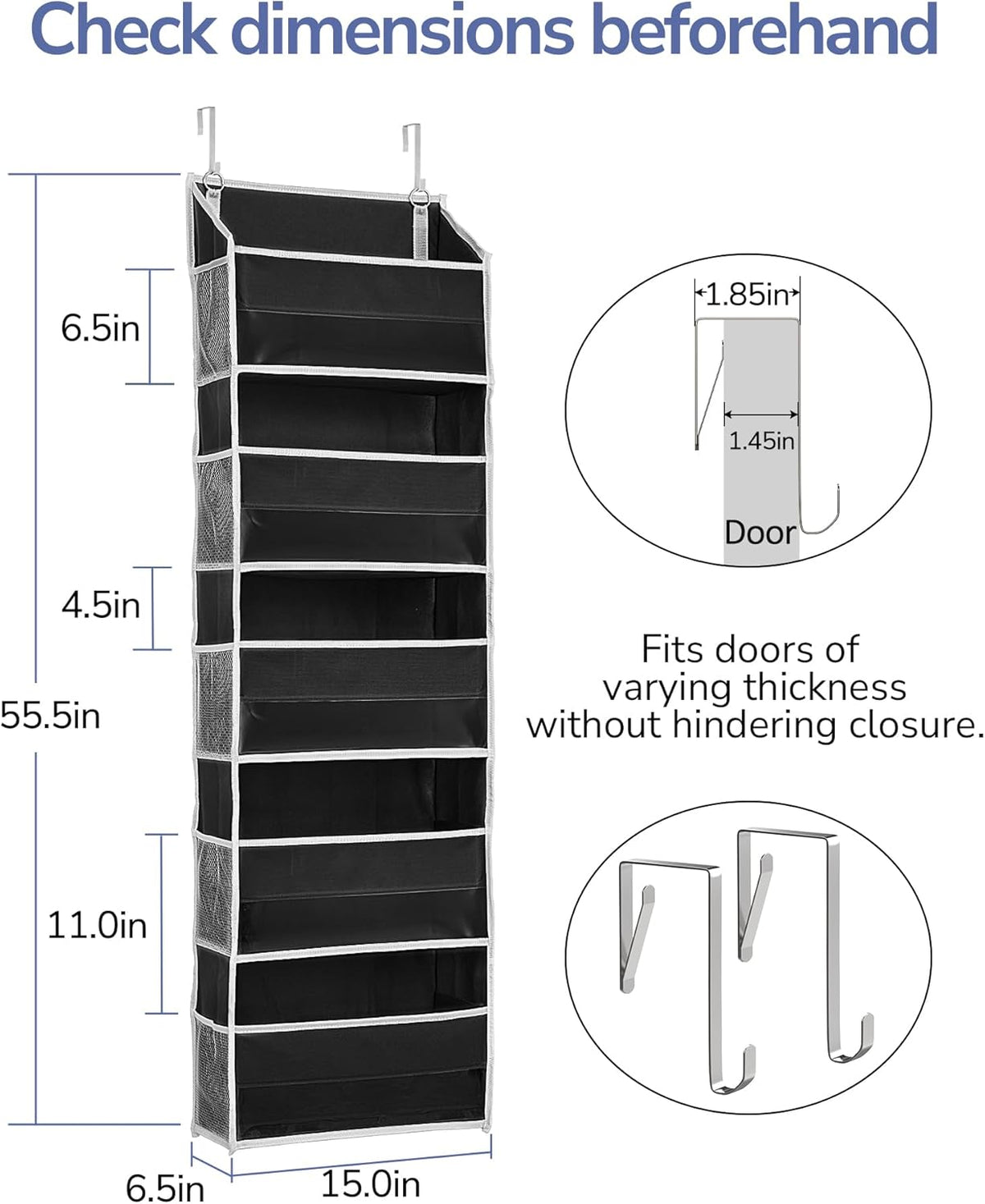 ULG 1 Pack Over The Door Organizer – 5 Shelf Door Organizer Hanging & 10 Side Pockets, Reinforced