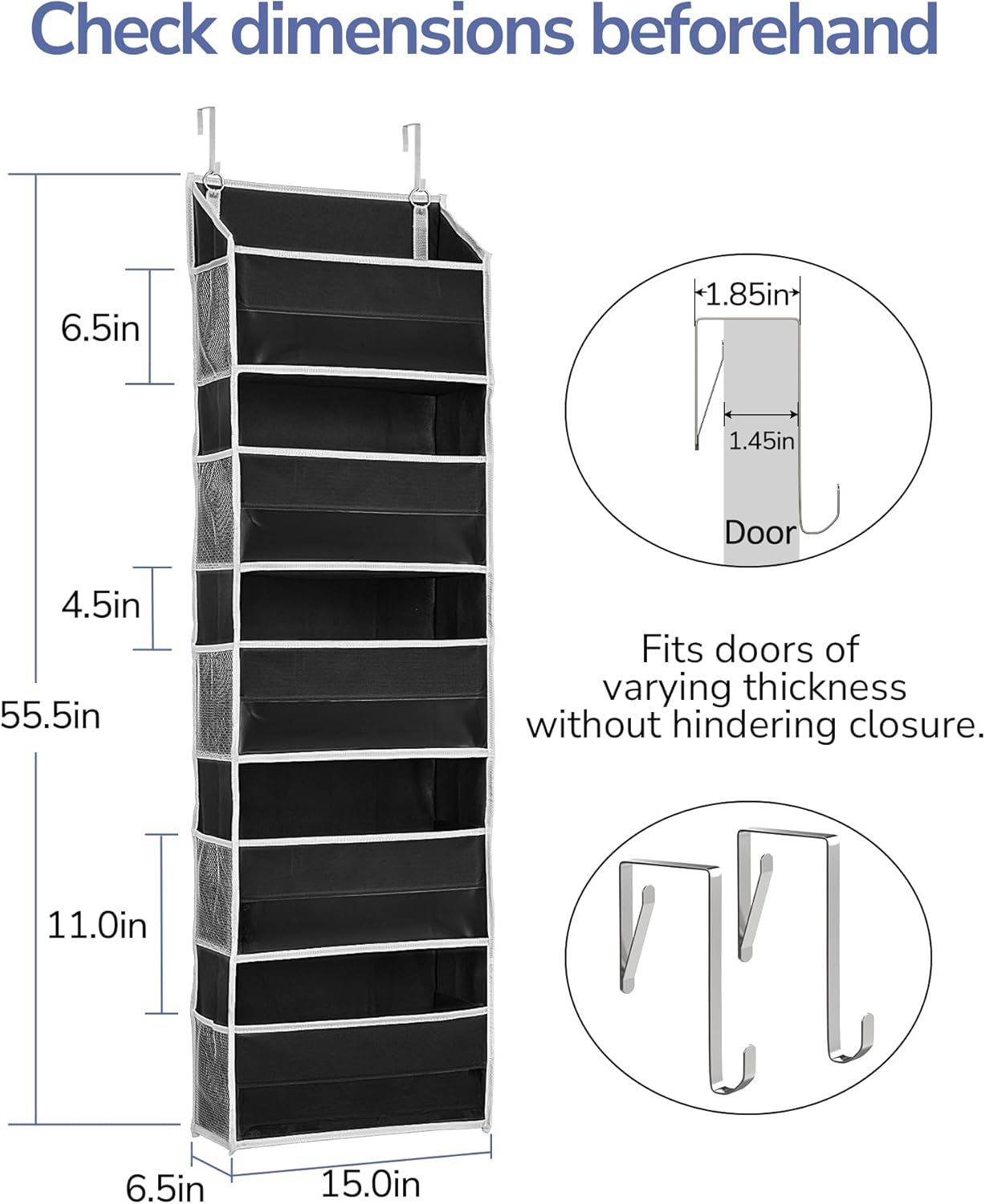 ULG 1 Pack Over The Door Organizer – 5 Shelf Door Organizer Hanging & 10 Side Pockets, Reinforced