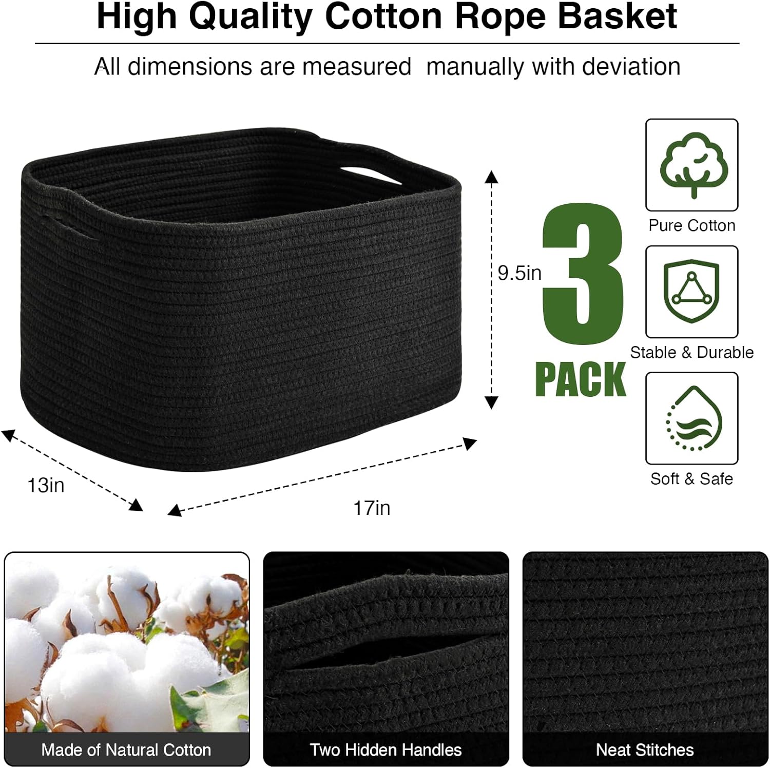 Large Storage Baskets for Organizing Shelves, Woven Cotton Rope Bins for Baby Nursery Organization