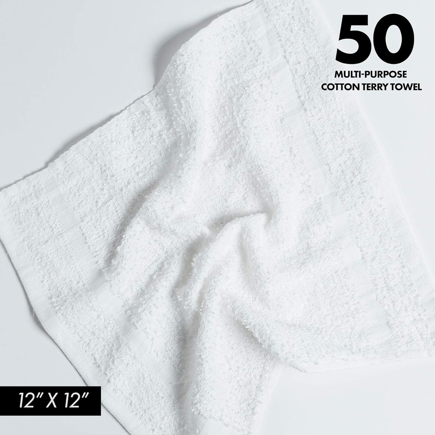 100% Cotton Terry Towels Cleaning Cloths Pack of 50 (12x12 Inches) White Cotton Terry Cloth Bar