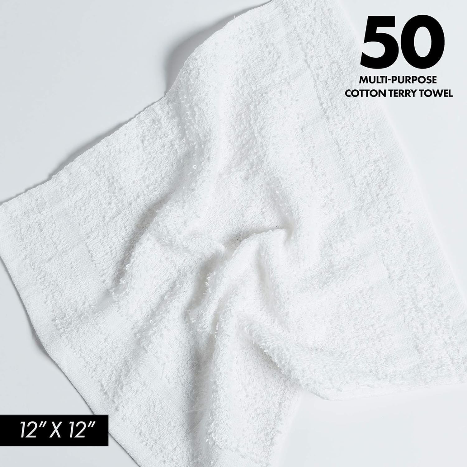 100% Cotton Terry Towels Cleaning Cloths Pack of 50 (12x12 Inches) White Cotton Terry Cloth Bar