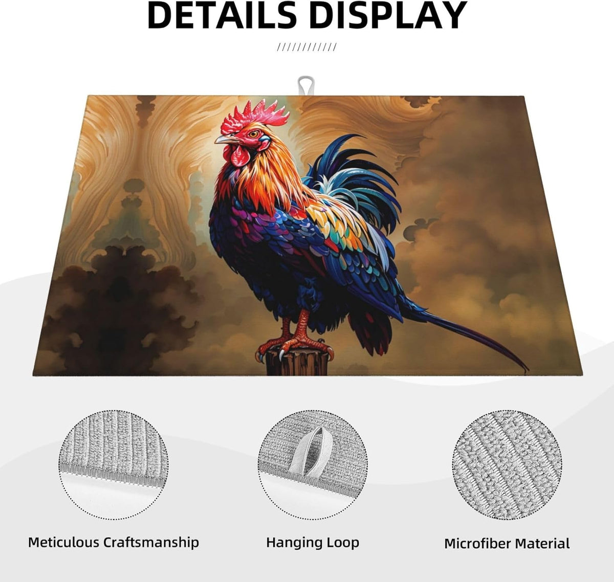 Rooster Dish Drying Mat Highly Absorbent Double-Sided Microfiber with Hanging Loop Reversible Drain