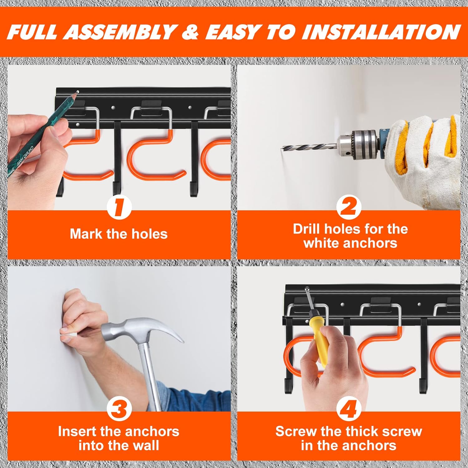34'' All Metal Garden Tool Organizer Wall Mount Garage Organizers and Storage with Hooks Tool