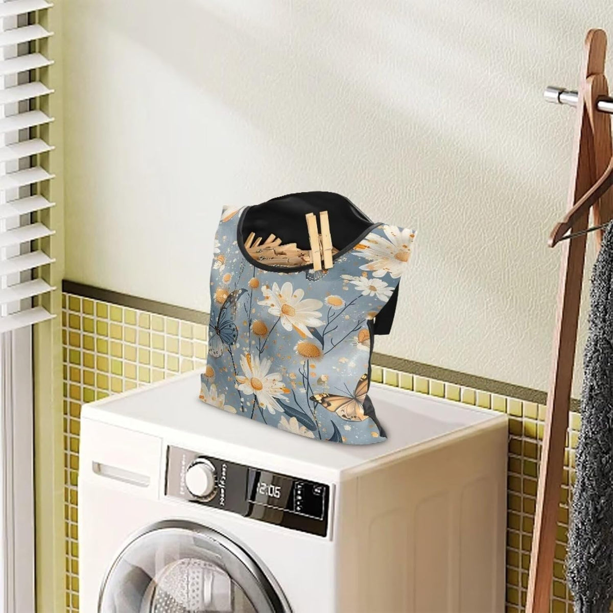 Butterfly Clothespin Bag with Hanging Rope 14.5 x 12 Inch Summer Waterproof Laundry Clothes Pin