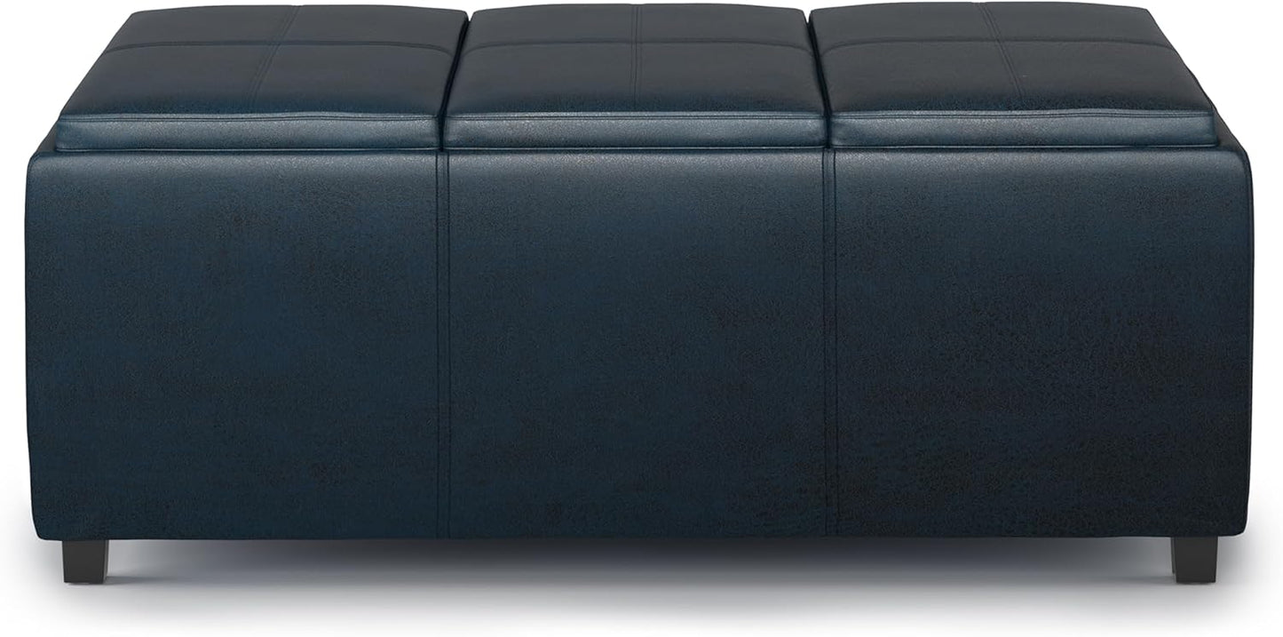 SIMPLIHOME Avalon 42 inch Wide Contemporary Rectangle Storage Ottoman in Distressed Dark Blue Vegan