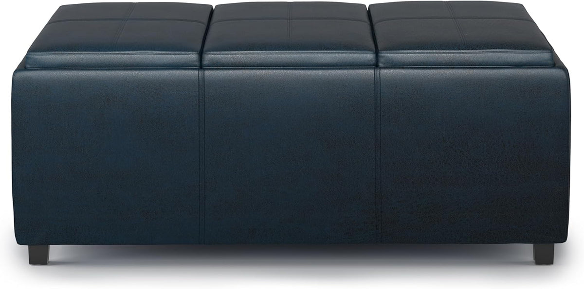 SIMPLIHOME Avalon 42 inch Wide Contemporary Rectangle Storage Ottoman in Distressed Dark Blue Vegan