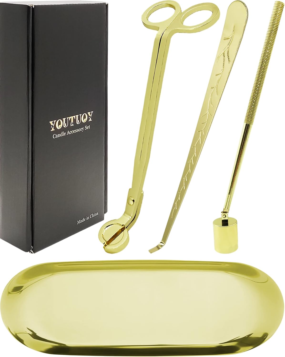 4 in1 Candle Accessory Set with Storage Tray Plate, Candle Wick Trimmer, Candle Wick Snuffer