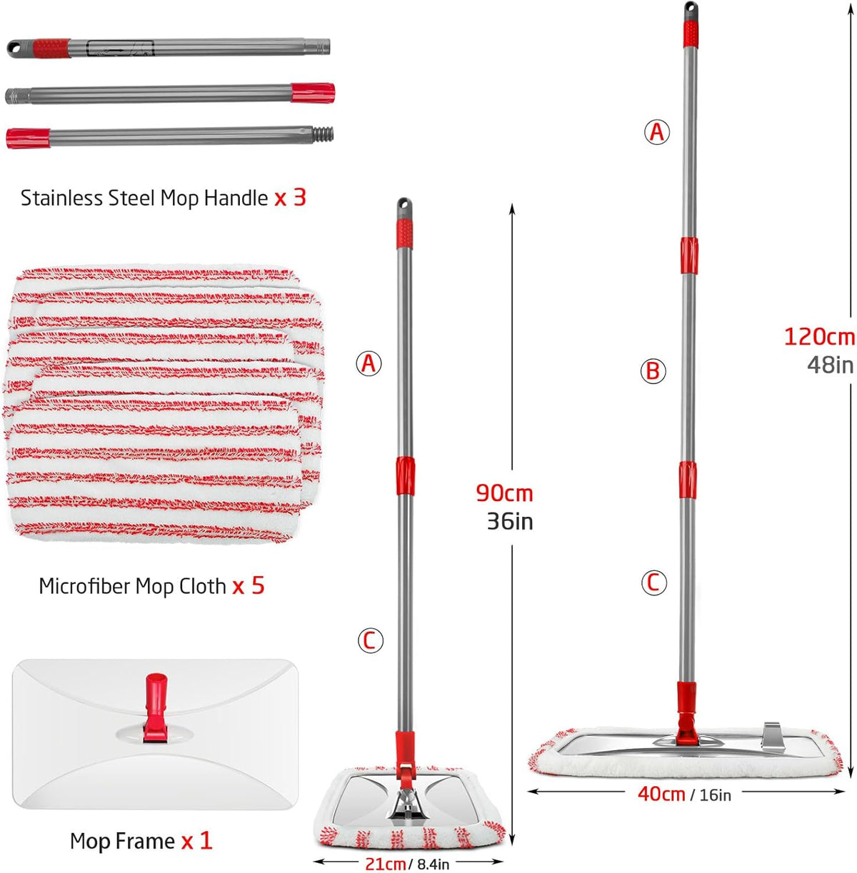 Masthome Extra Large Microfiber Mop for Floor Cleaning, 16“ Flat Mop with 5 Pad for Wet & Dry Use