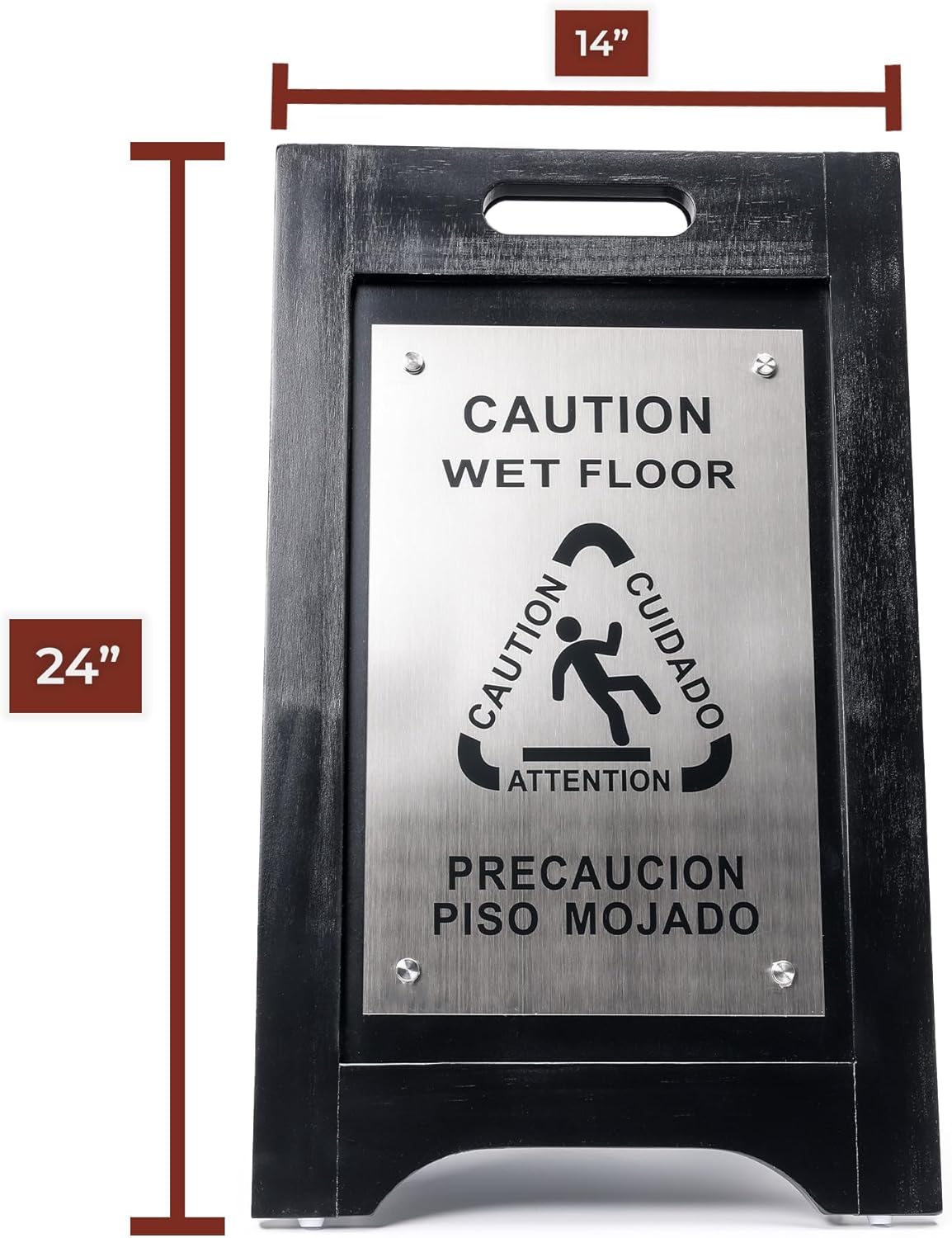 Premium Wooden Caution Wet Floor Sign – Bilingual w/ Non-Skid Plastic Feet – For Hotels, Schools