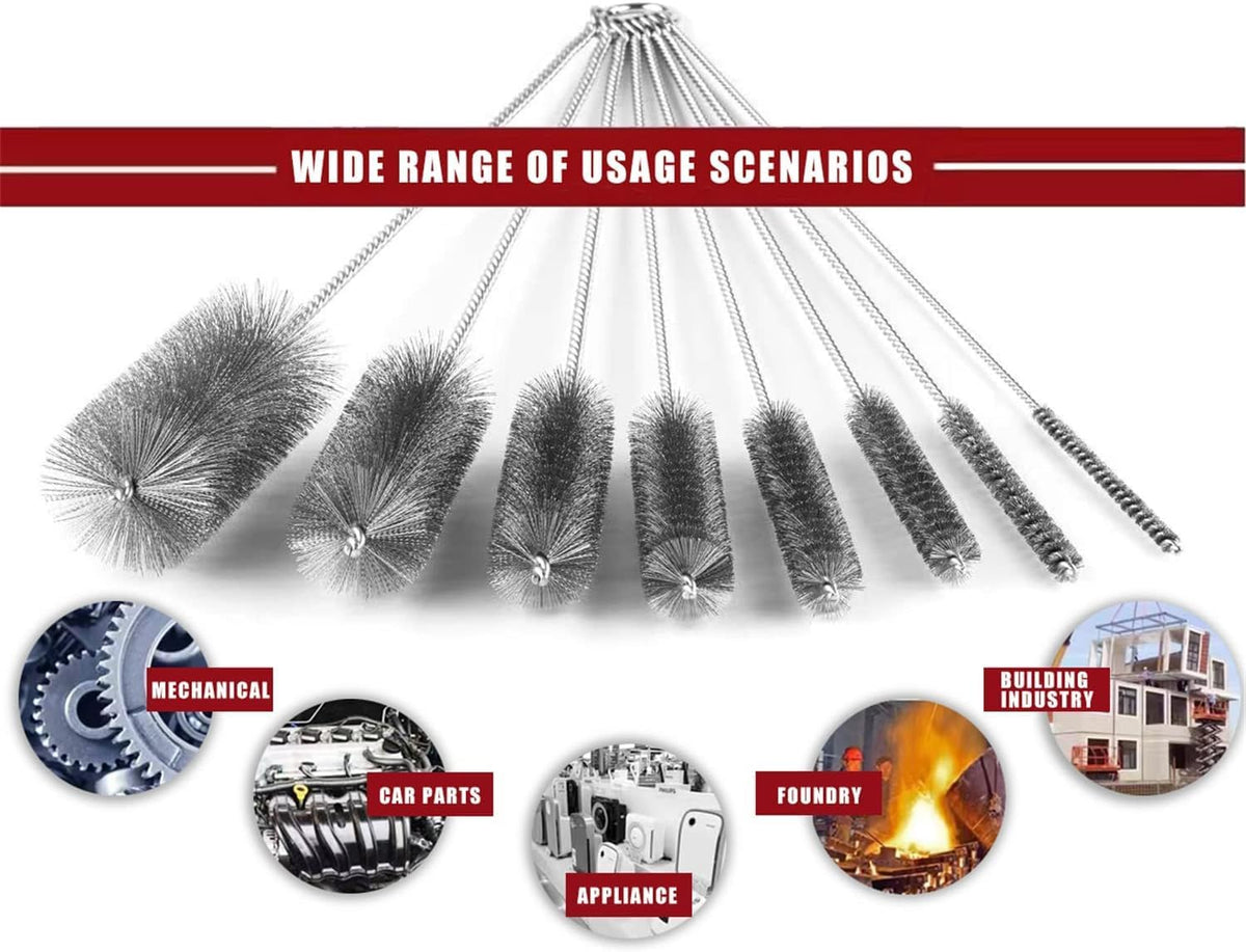 Pipe Cleaning Brush Set Stainless Steel Bristles, Stainless Steel Pipe Brush Steel Bottle Brush 9