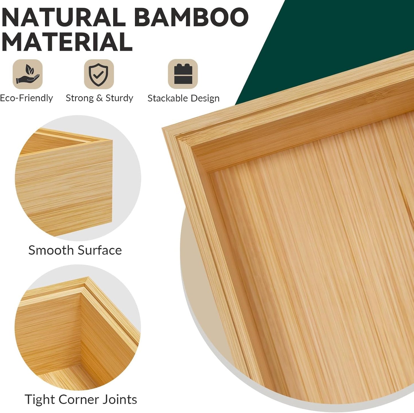 Bamboo Kitchen Drawer Organizer, Stackable Utensil Holder Silverware Organizer Cutlery Tray - 2PCS