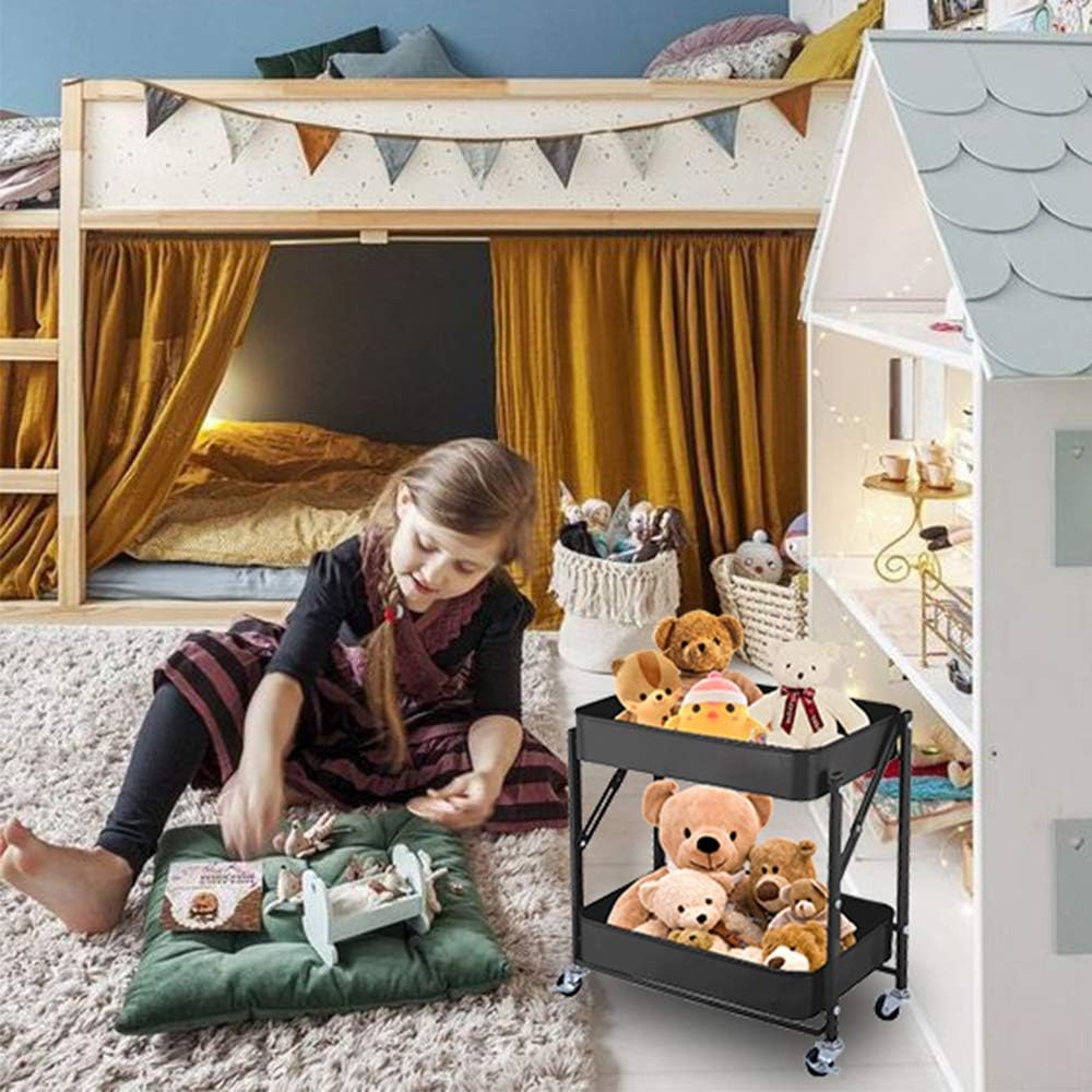 2-Tier Metal Folding Rolling Cart, Mobile Utility Cart Trolley Storage Organizer for Office Home