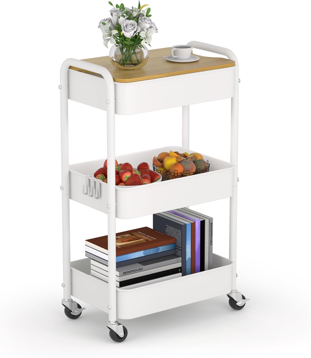 3 Tier Metal Utility Cart, Rolling Storage Cart with Wooden Tabletop, Metal Organizer Cart with