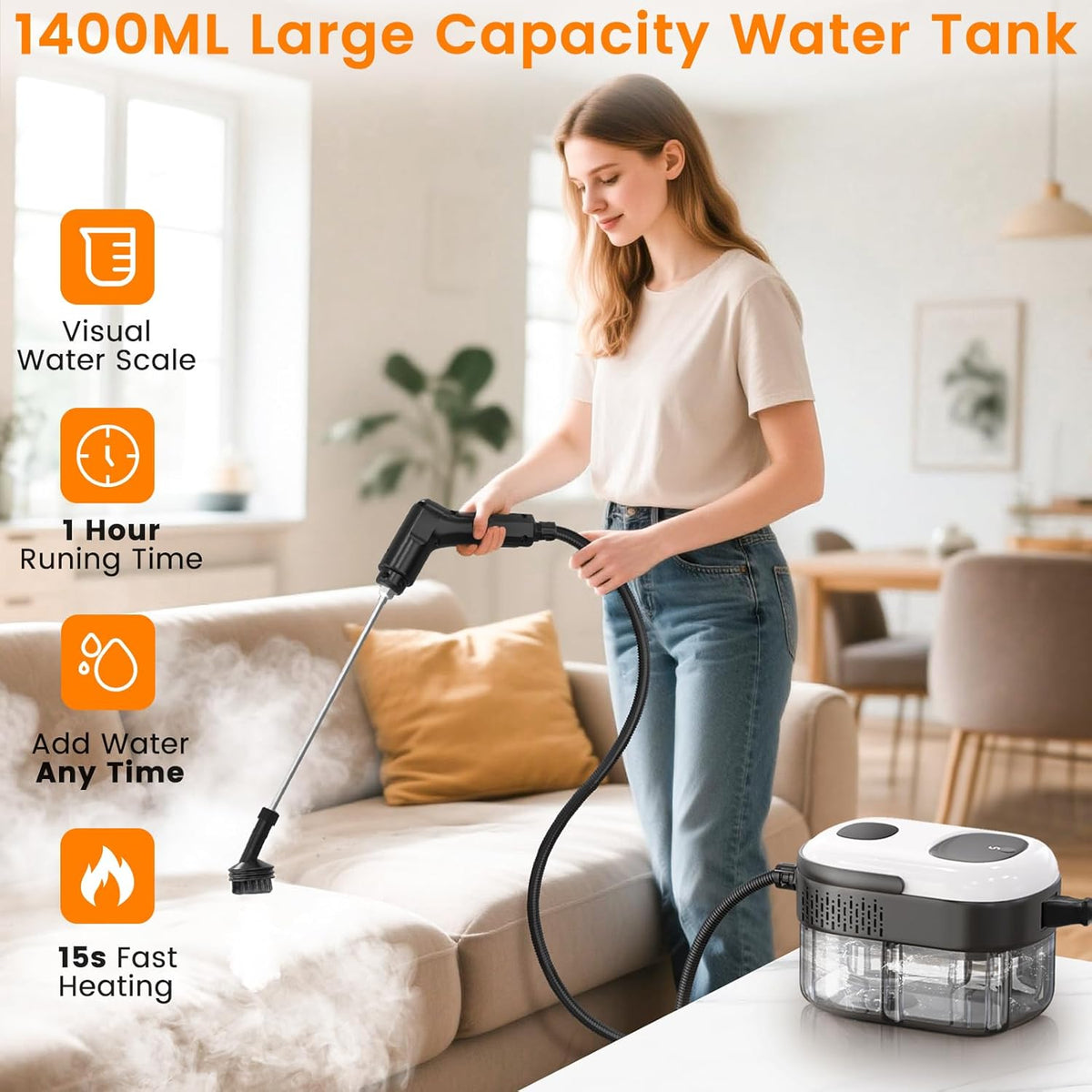 Pressurized Steam Cleaner, 3-Level Adjustable Handheld Steamer Cleaning for Home, 15s Fast Heat-Up