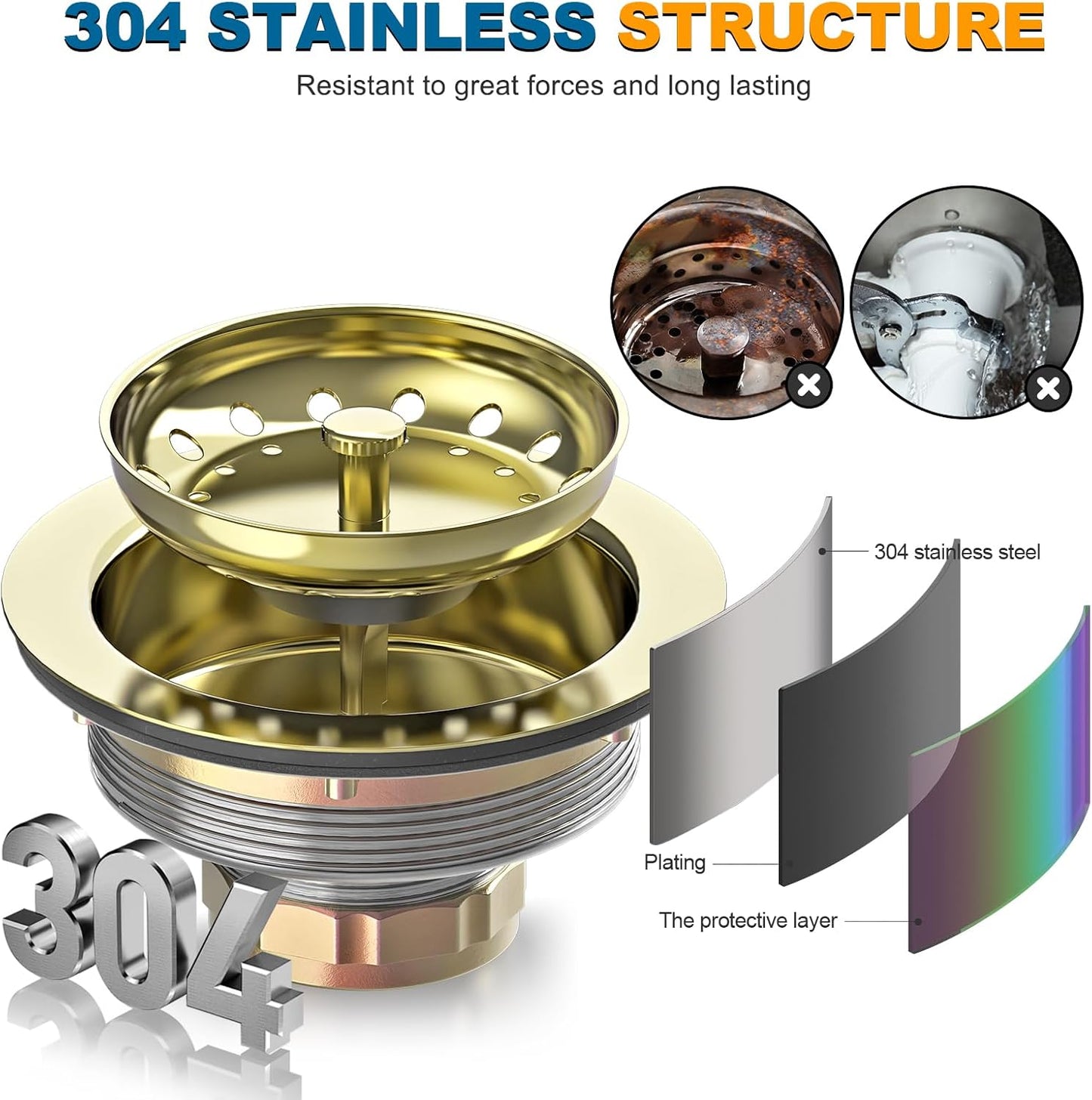 BOTEMY Stainless Steel Gold Sink Drain Strainer Kit 3-1/2 inch Kitchen Drain Assembly with Metal