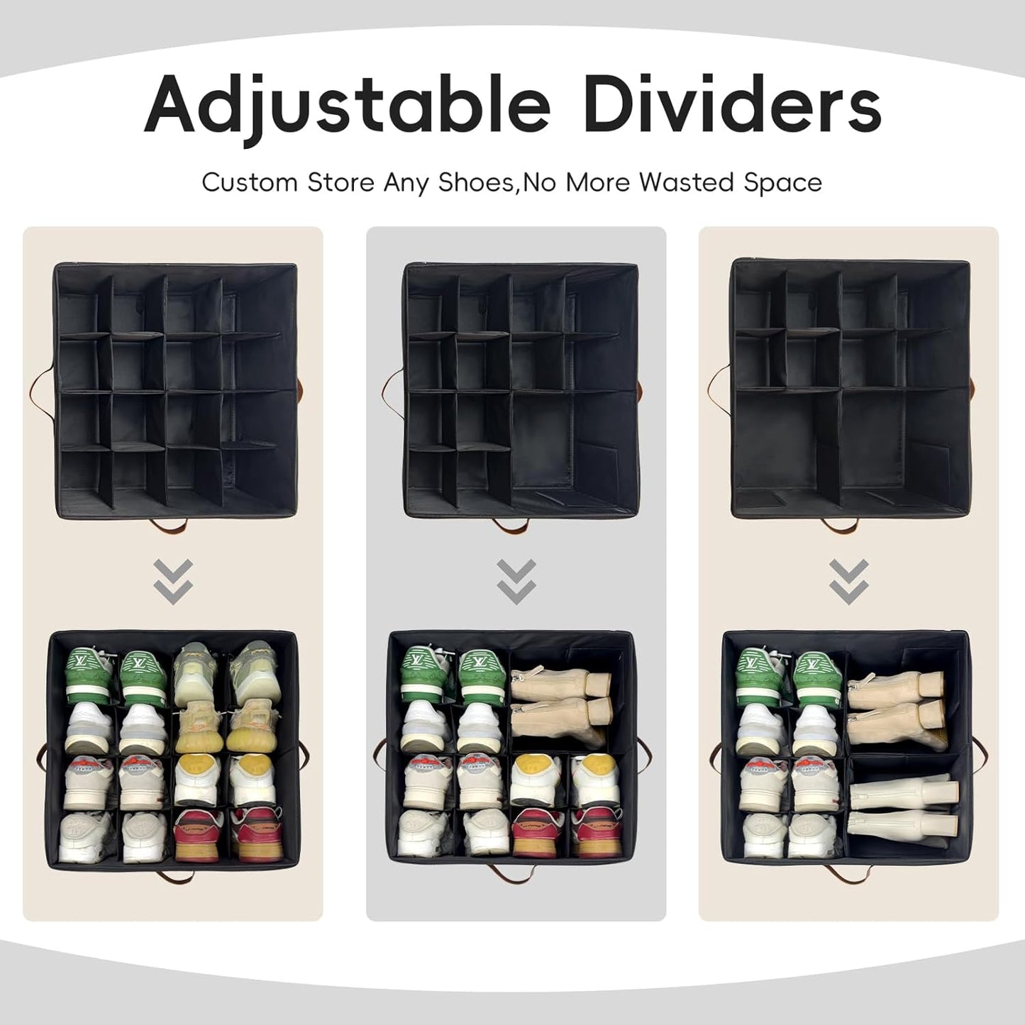 Shoe Organizer for Closet, 2 Pack Shoe Storage Bins with Clear Cover, Adjustable Dividers Fits