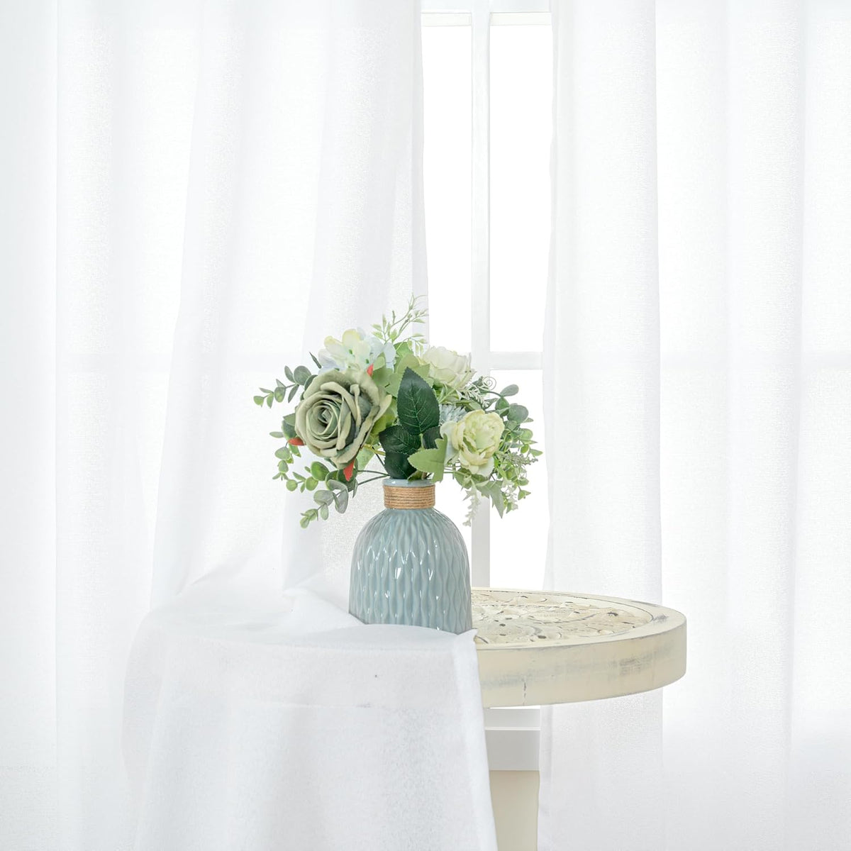 YoungsTex 84 Inch Length White Linen Curtains for Living Room, Semi Sheer Drapes with Rod Pocket