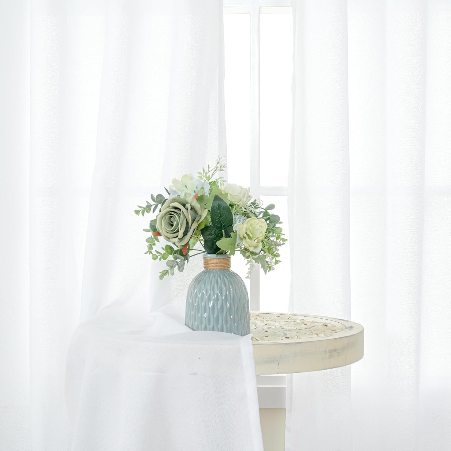 YoungsTex White Linen Curtains 80 Inch Length for Living Room, Light Filtering Semi Sheer Window