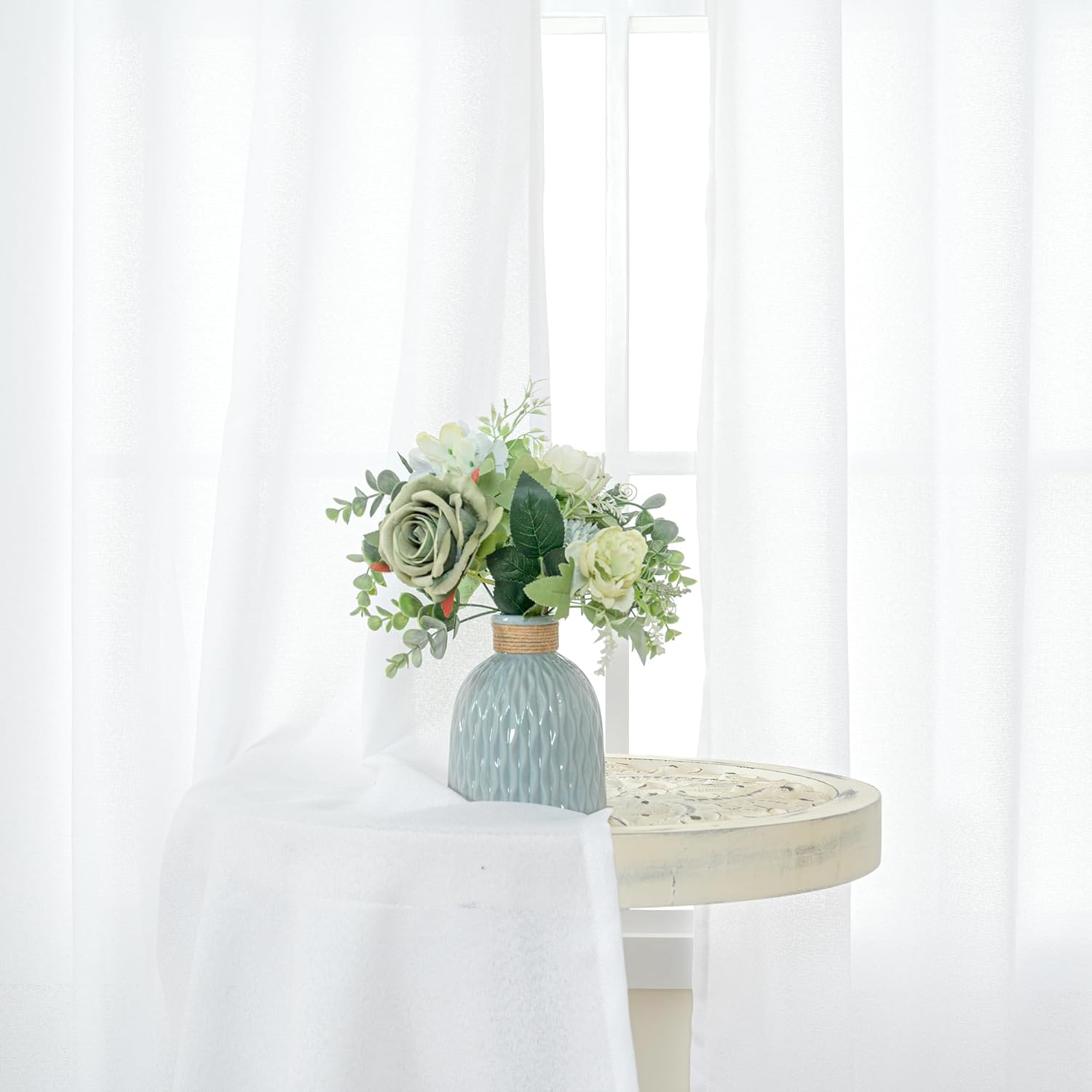 YoungsTex White Cafe Curtains 36 Inch Length for Window Over Sink - Linen Semi Sheer Drapes with