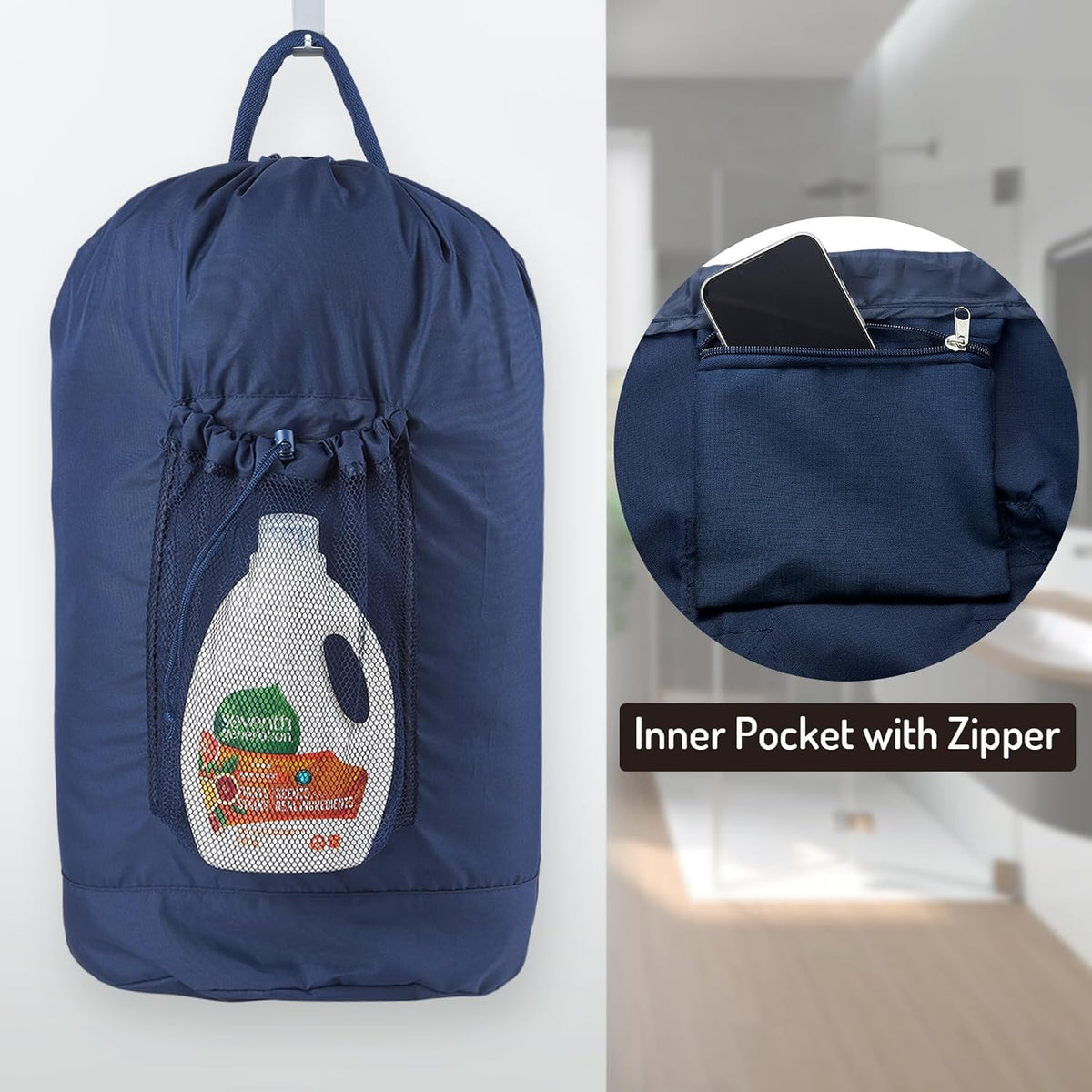 Laundry Bag Backpack with Detergent Holder and Adjustable Shoulder Straps, Clothes Laundry Backpack