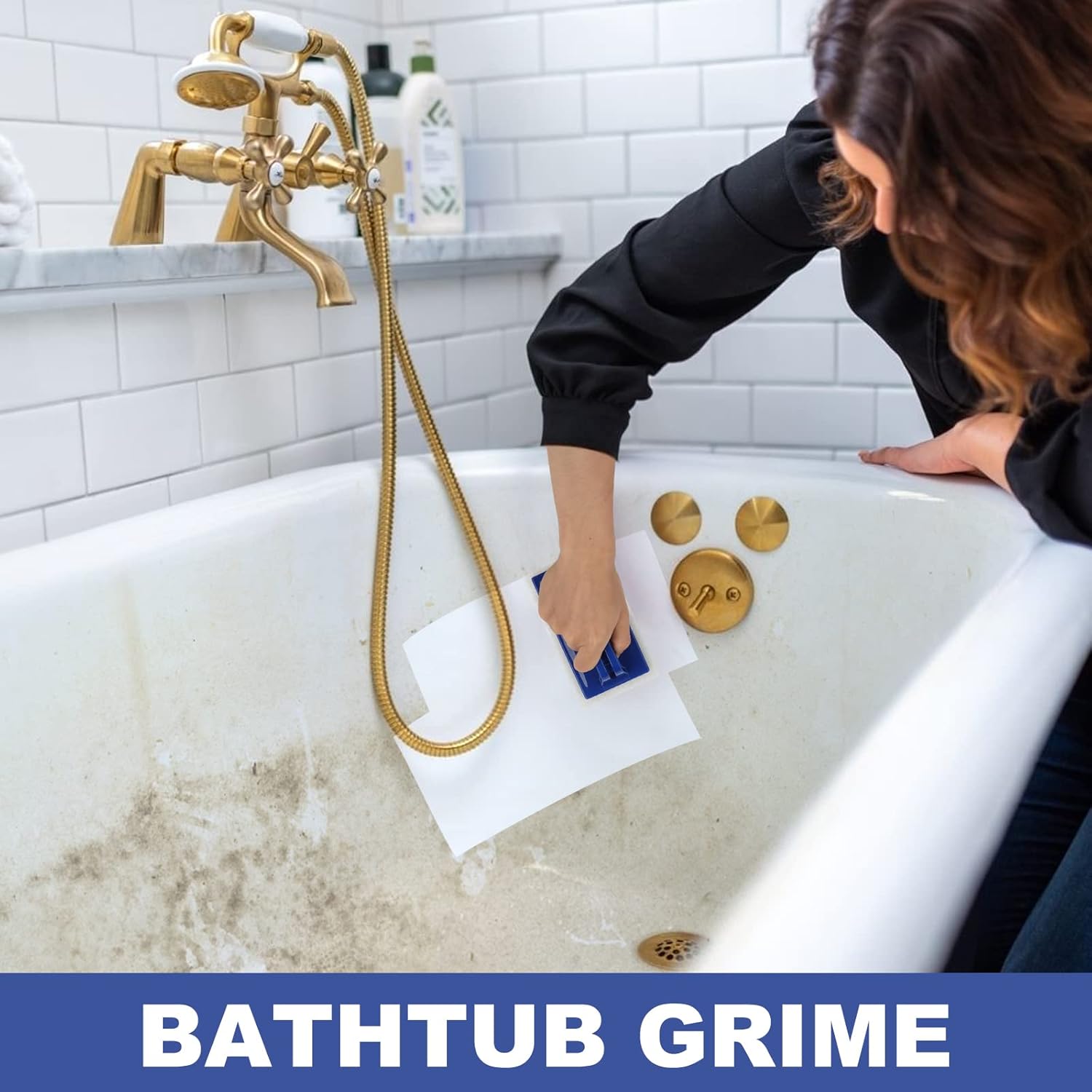 Handled Bath Scrubber, Bathroom Scouring Pad, Heavy Duty Cleaning Sponge Scrub Brush, Non-Scratch