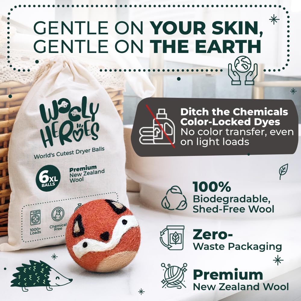 No More Dryer Sheets! Reusable Wool Dryer Balls XL 6-Pack - Reduces Static, Cuts Dry Time, &