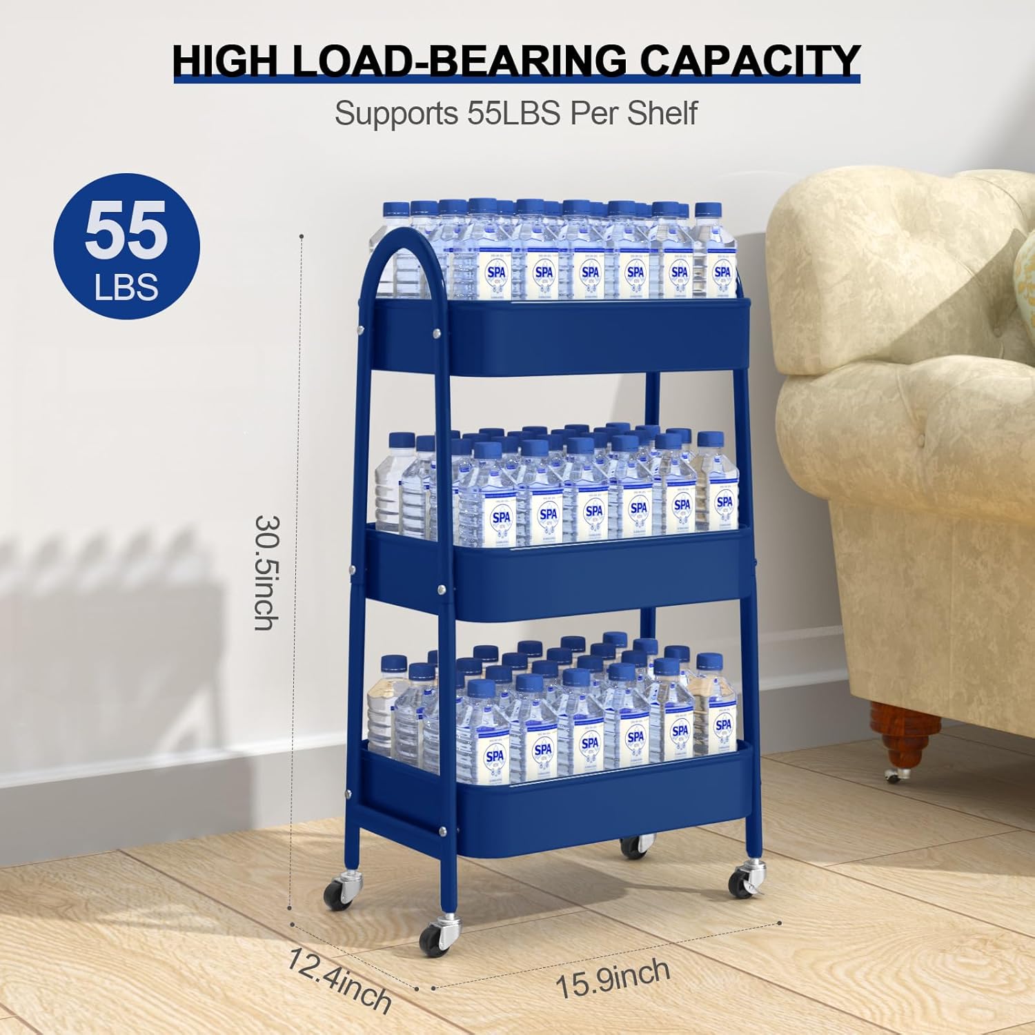 EAGMAK 3 Tier Utility Rolling Cart, Metal Storage Cart with Handle and Lockable Wheels