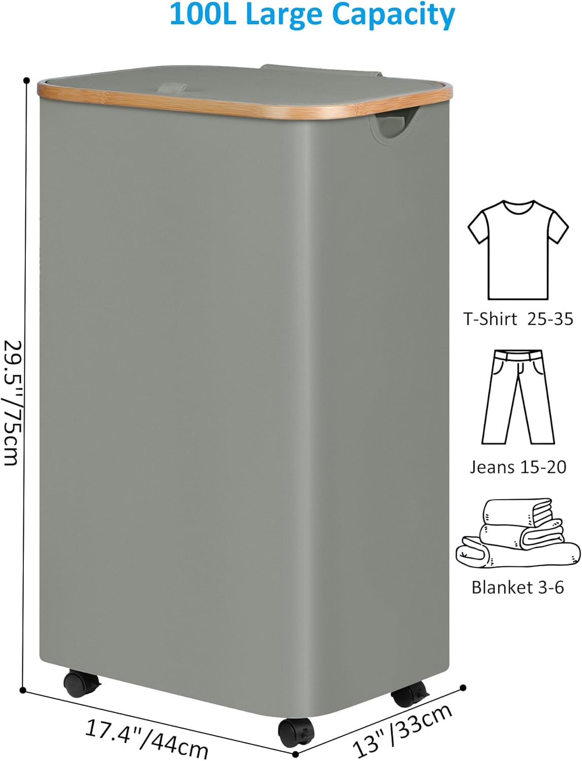 efluky Laundry Basket with Wheels, Tall Rolling Laundry Hamper with Lid and Removable Bag