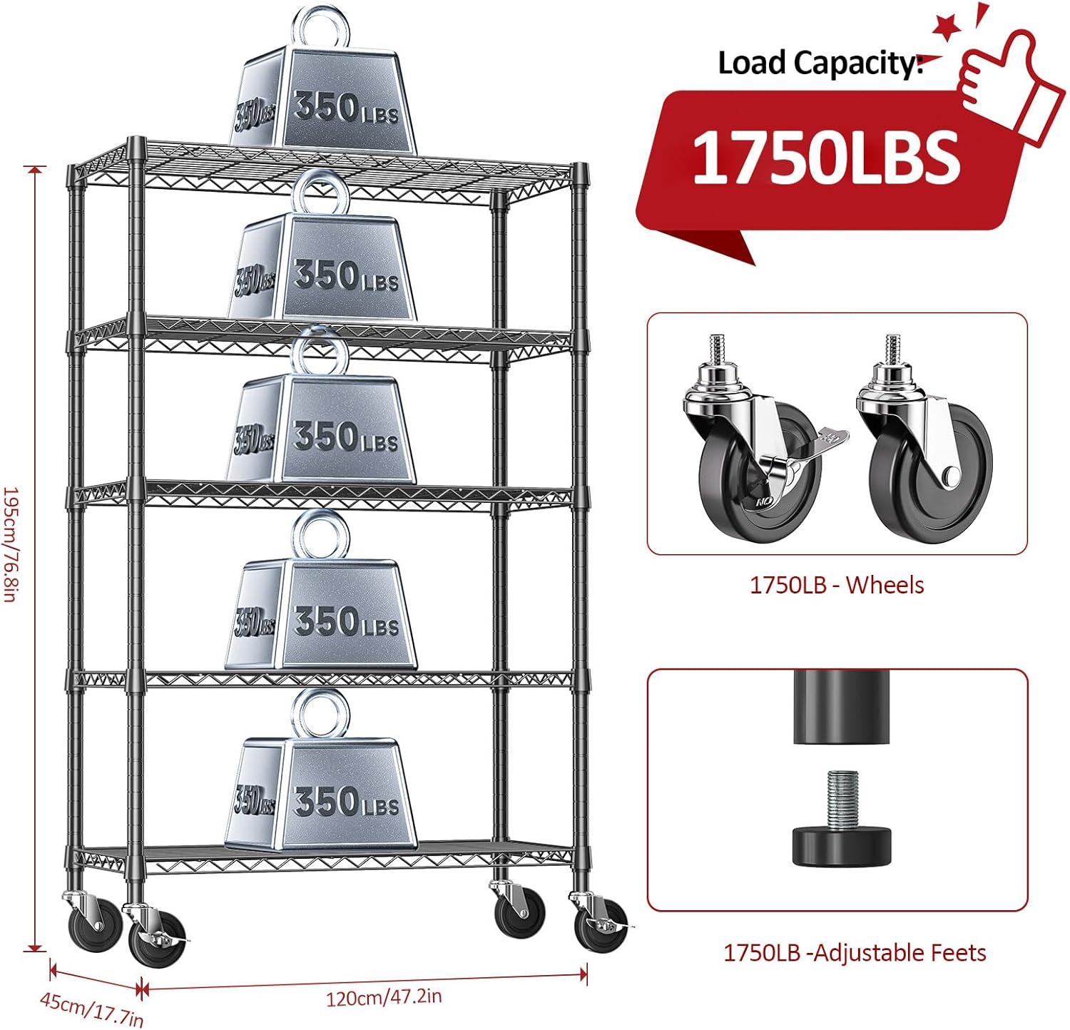 IZEUK 5-Tier Storage Shelving Unit with Wheels, Adjustable Heavy Duty Steel Wire Rack Organizer
