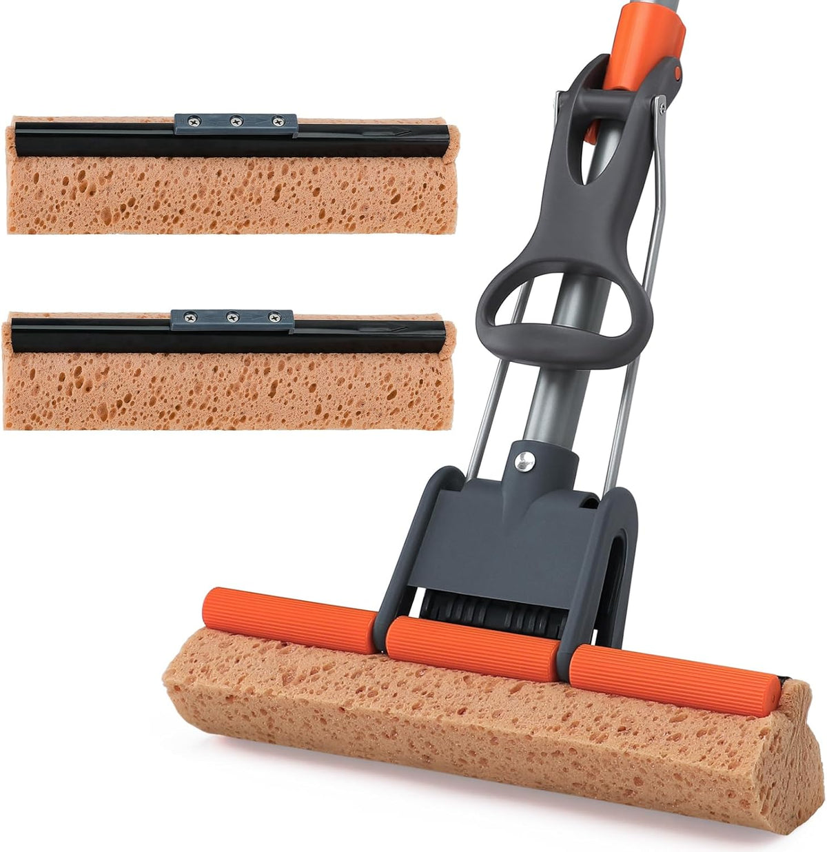 Sponge Mops for Floor Cleaning with 2 Cellulose Mop Head Refills and 55” Long Handle, Heavy Duty