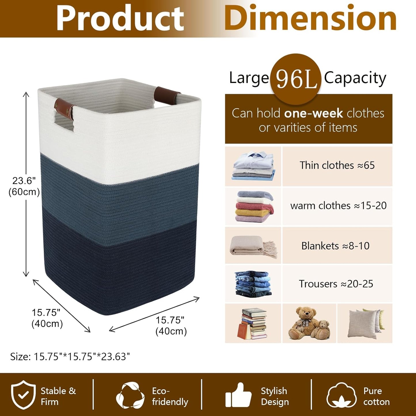 Laundry Hamper 96L Extra Large Laundry Basket, Woven Blanket Basket, Cotton Woven Storage Hamper