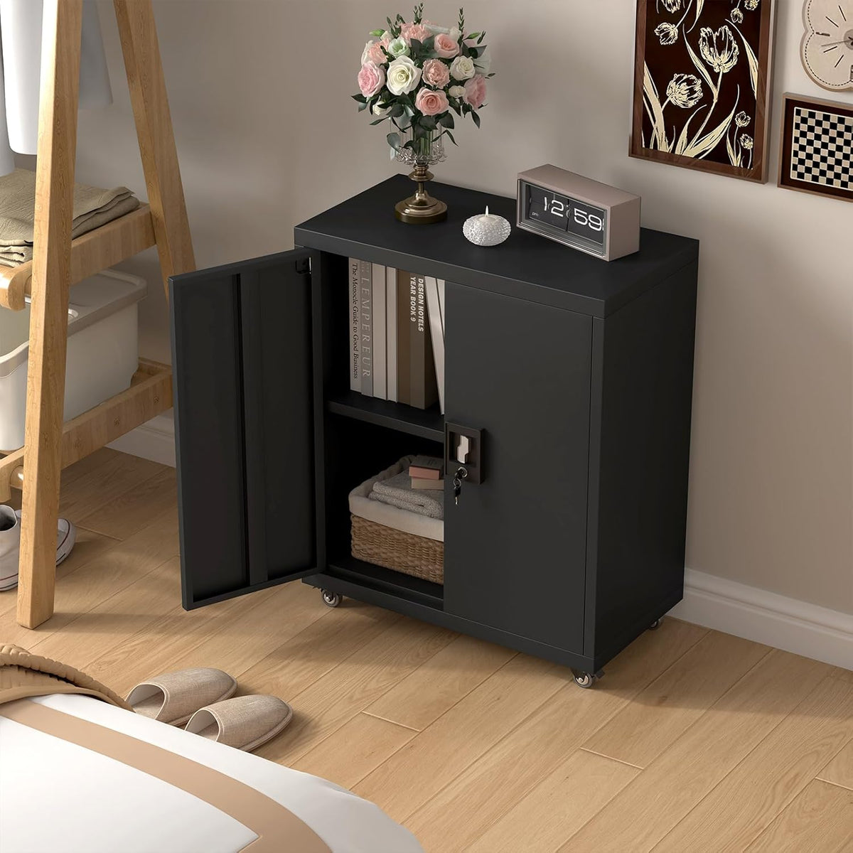 Metal Cabinet with Wheels, Steel Cabine with Locking Doors, Small Cabinet with 1 Adjustable Shelf