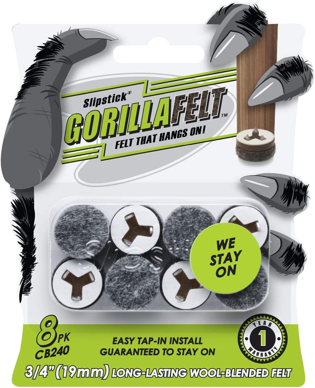 GorillaFelt CB240 Chair Leg Floor Protectors/Felt Glides (Set of 8) Tap On Felt Furniture Pads