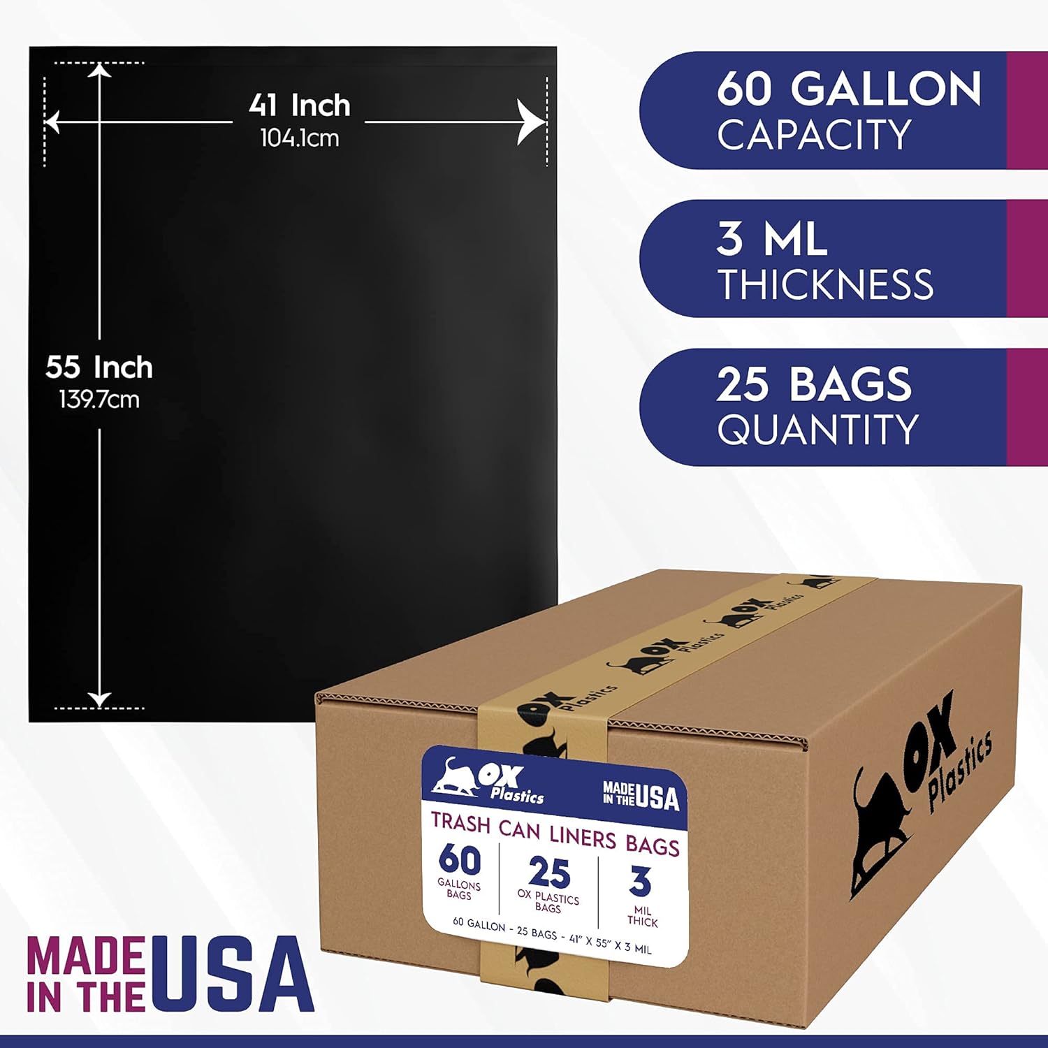 Ox Plastics 60 Gallon Trash Can Liners Bags - (25 Count) & 3mil Thick Extra Heavy Duty Strength