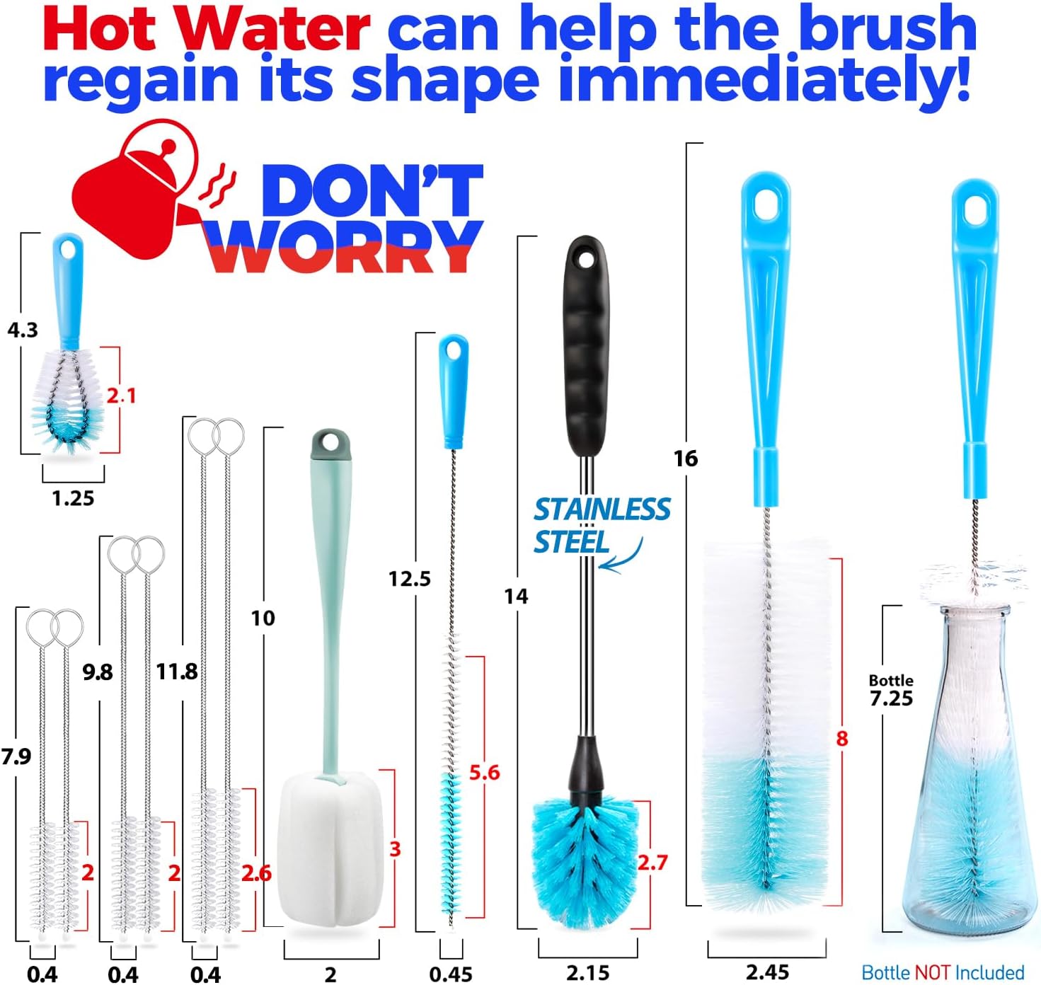 Holikme Bottle Brush Tube Cleaning Lab Set with Long Handle, Cup Cleaner for Washing Narrow Neck