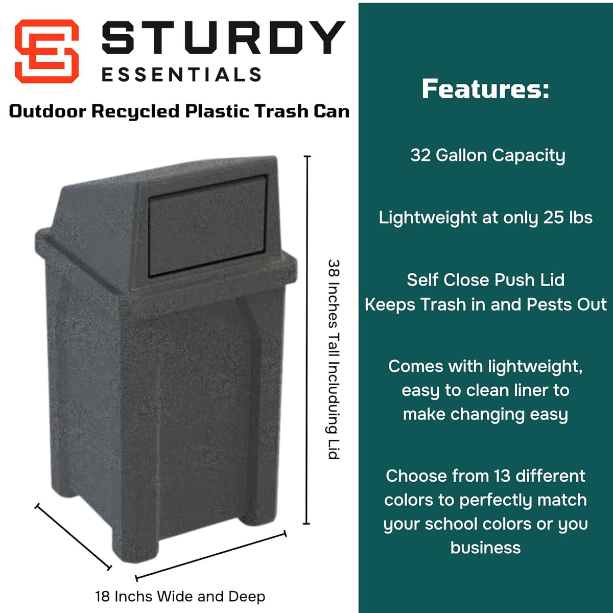 32 Gallon Square 100% Recycled Plastic Heavy Duty Commercial Outdoor or Indoor Trash Can with Push