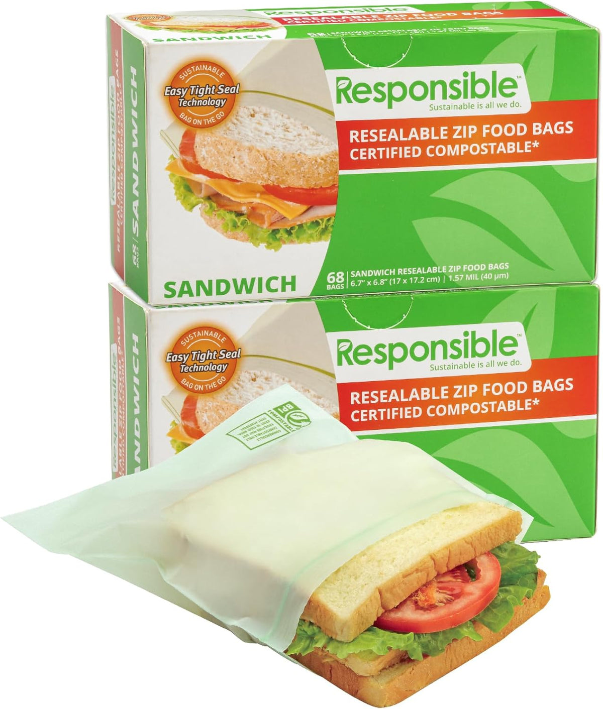 Responsible Products Certified Compostable SANDWICH Resealable Zip Bag, Extra Strength Food Bags