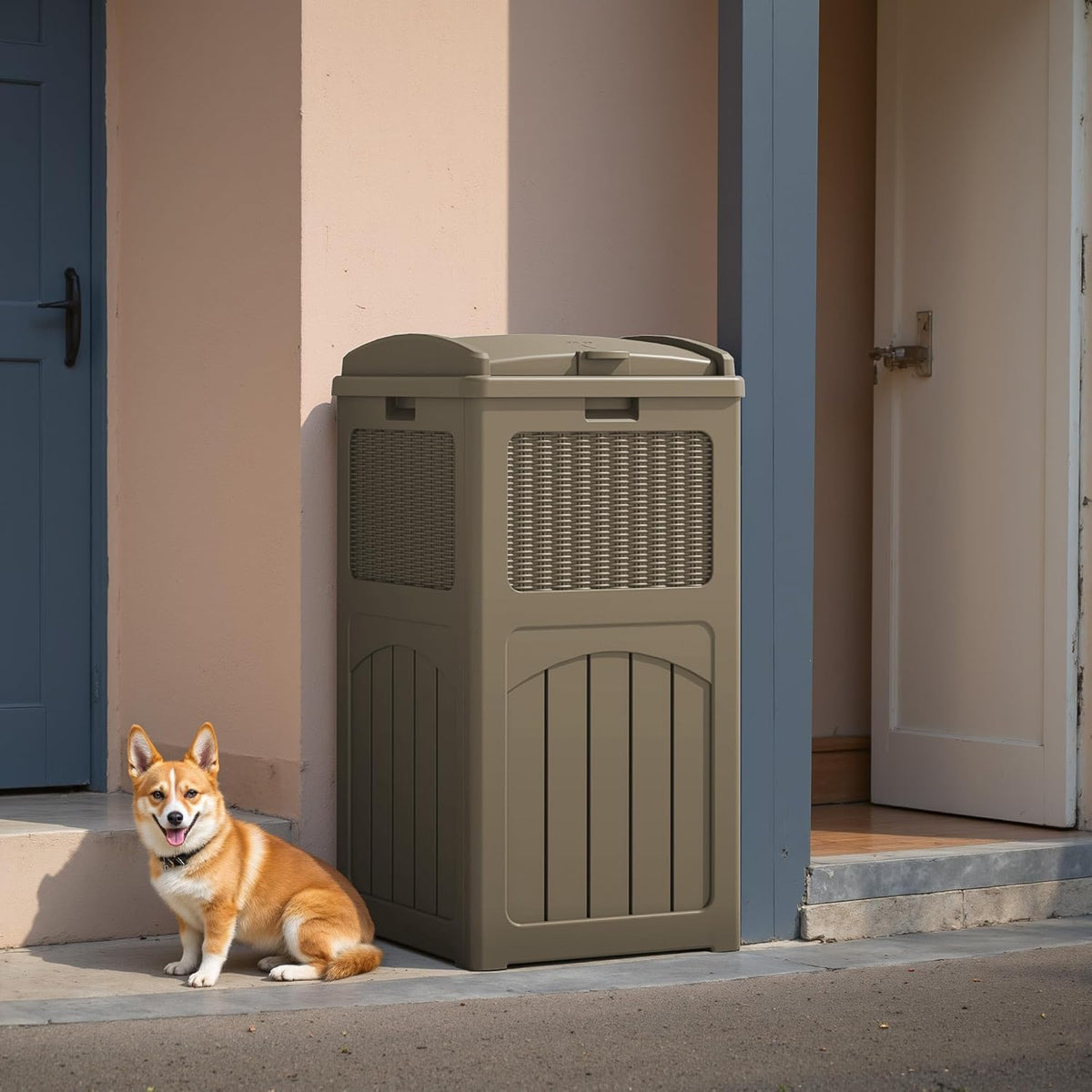 Flamaker 30 Gallon Trash Can, Resin Outdoor Garbage Can with Lid, Waterproof Hideaway Patio Waste