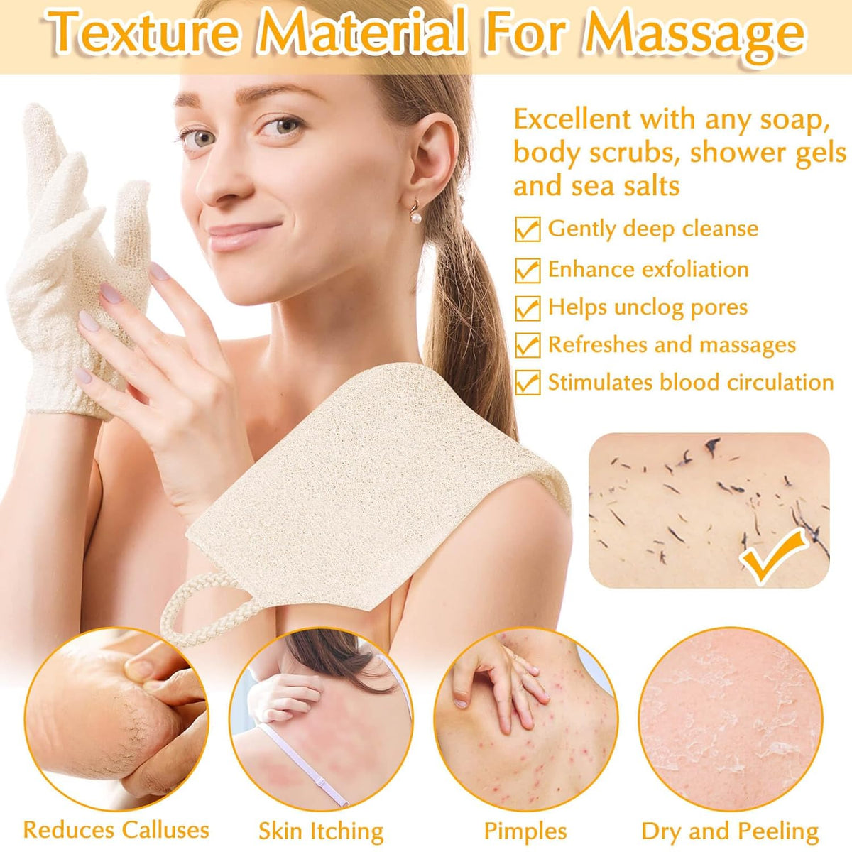 Anezus Exfoliating Back Scrubber Bath Gloves Set, Exfoliating Shower Towel with Shower Gloves for